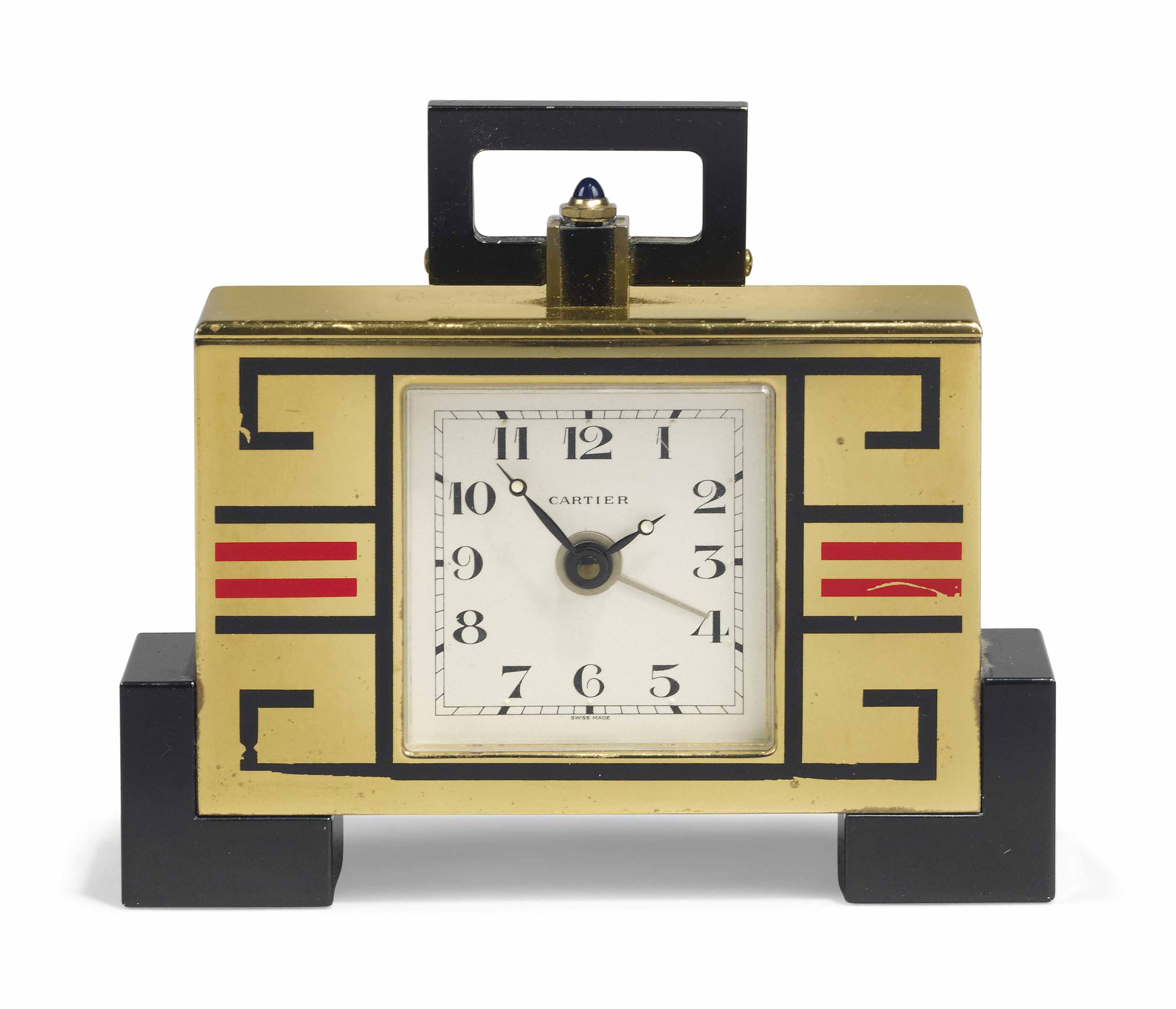 AN ARTDECO STYLE GILTBRASS AND LACQUER ALARM CLOCK , CARTIER, LATE
