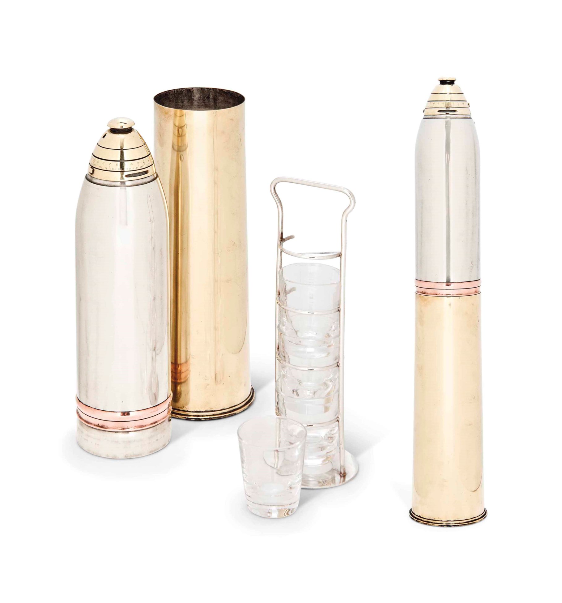 AN AMERICAN BRASS AND SILVER PLATED NOVELTY COCKTAIL SHAKER IN THE FORM