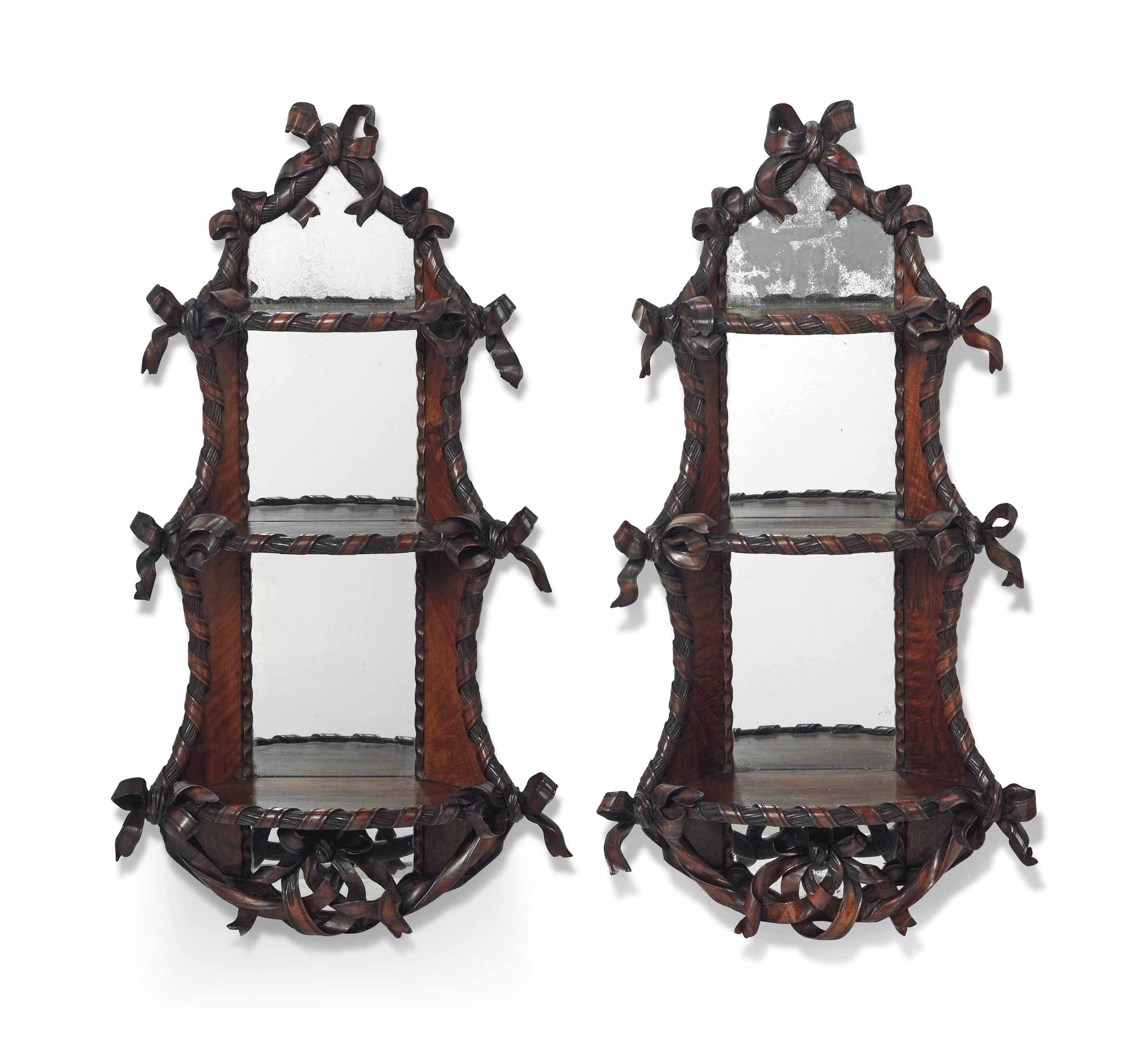 A PAIR OF WALNUT HANGING SHELVES , LATE 19TH CENTURY, PROBABLY ENGLISH