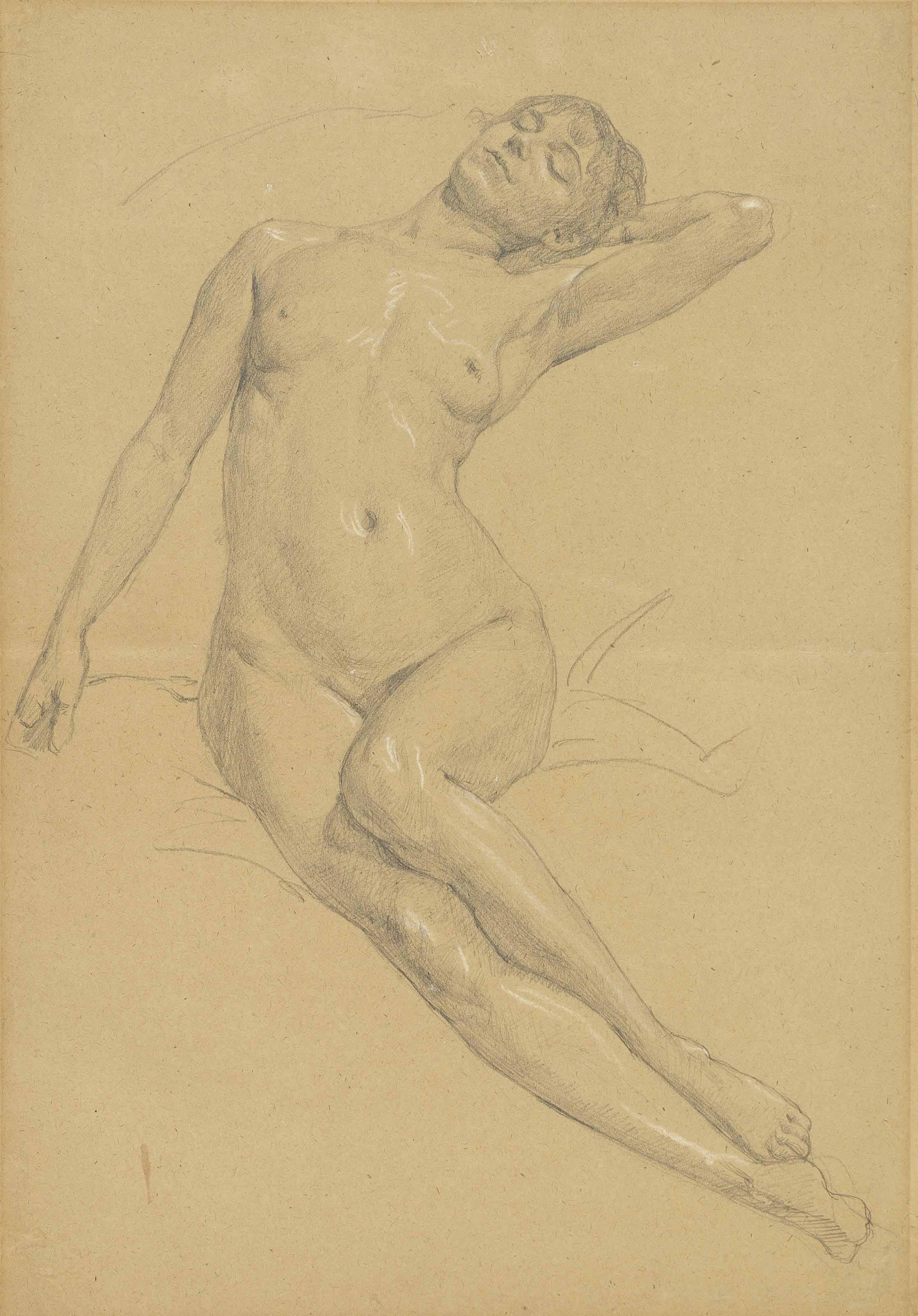 Female academy, her left arm stretched under her head
