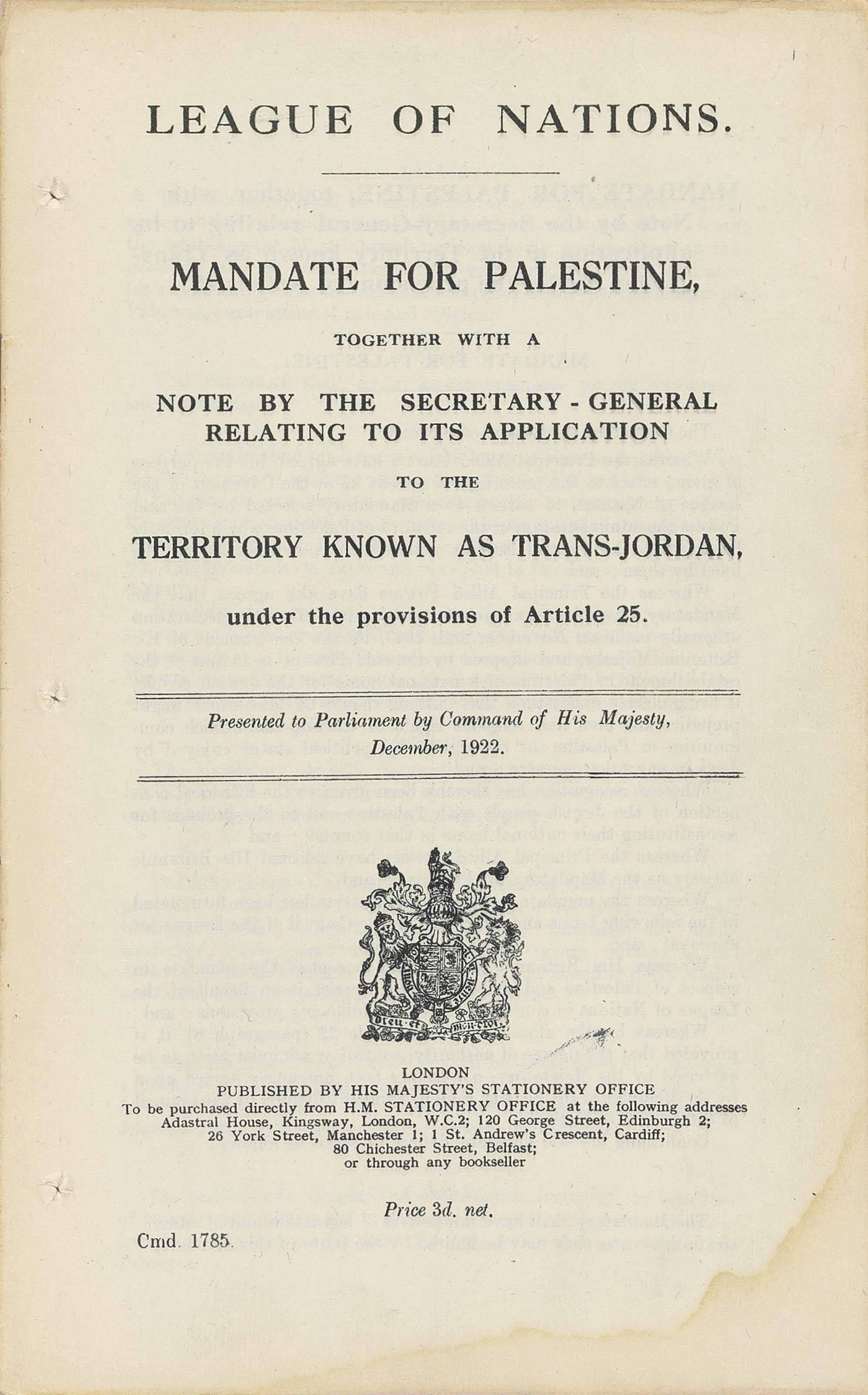 PALESTINE – THE ESTABLISHMENT OF THE BRITISH MANDATE
