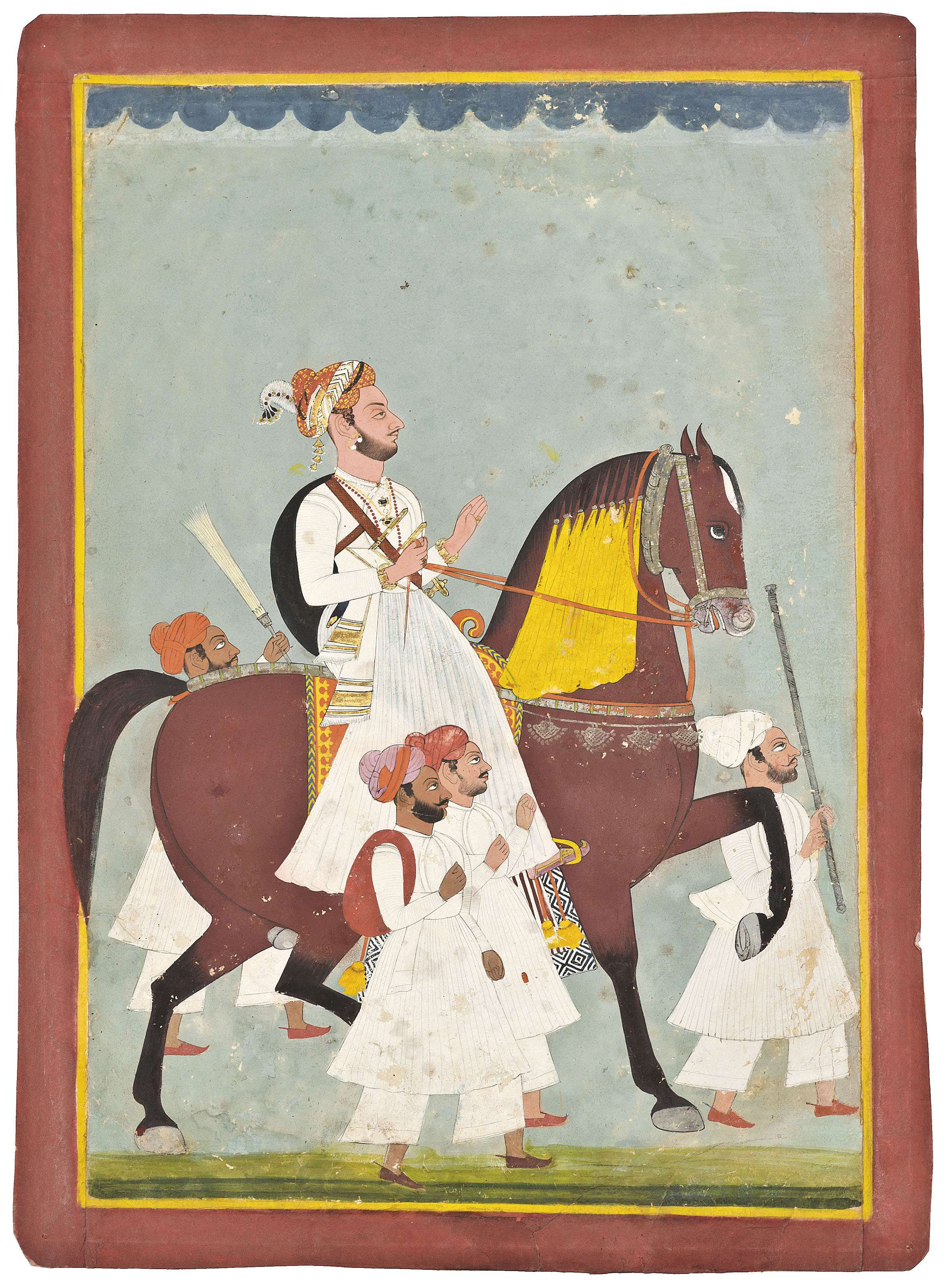A LARGE EQUESTRIAN PORTRAIT OF A RAJPUT RULER, RAJASTHAN, NORTH INDIA ...