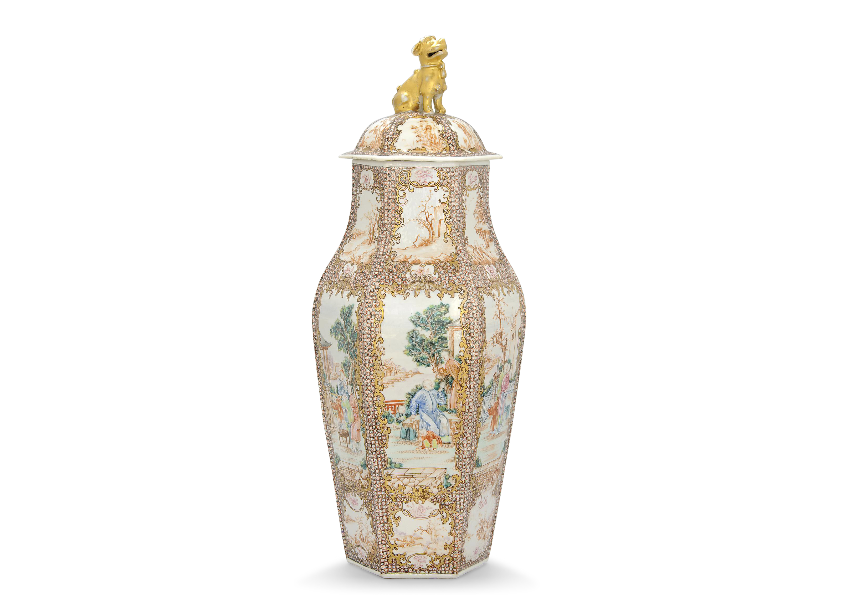 A LARGE FAMILLE ROSE HEXAGONAL VASE AND COVER, QIANLONG PERIOD (1736