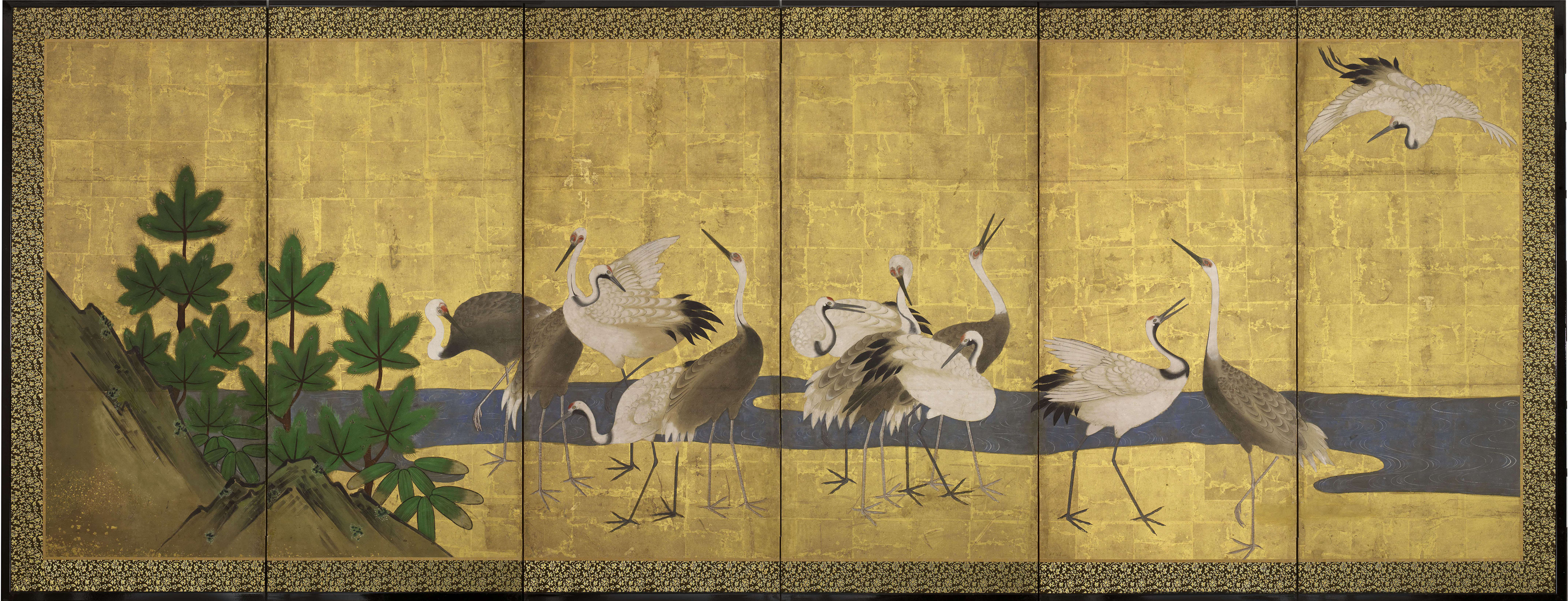 A Six-Fold Screen with Cranes and Pine, ANONYMOUS, EDO PERIOD
