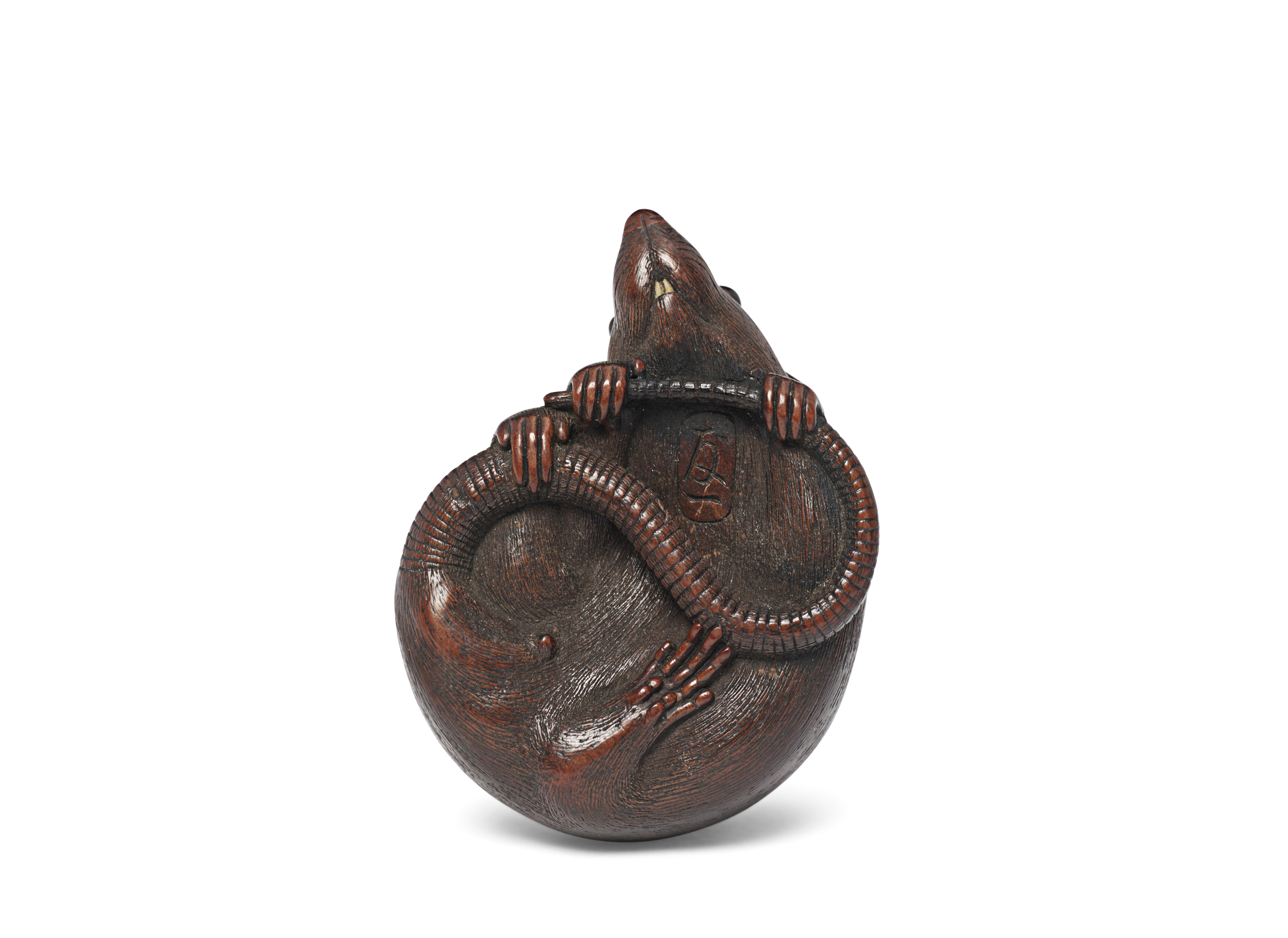 A Wood Netsuke of a Rat, SIGNED TOMOKAZU, EDO PERIOD (19TH CENTURY