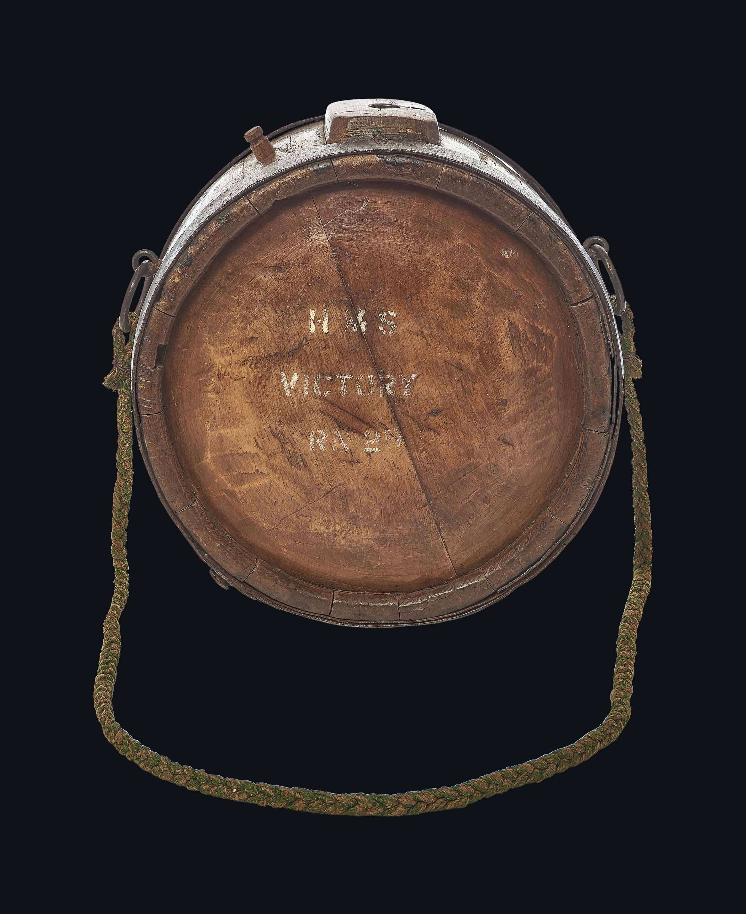 A COOPERED WOODEN WATER CANTEEN FROM H.M.S. VICTORY