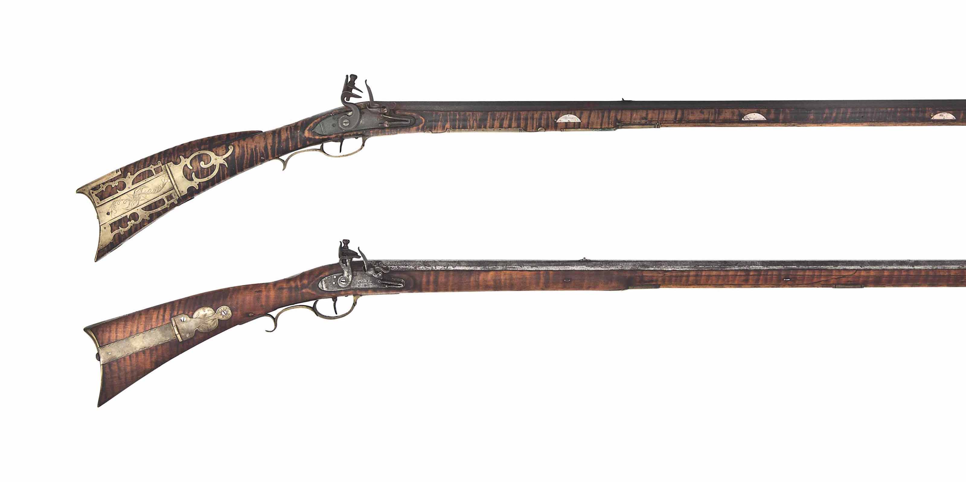 TWO AMERICAN FLINTLOCK PLAINS RIFLES , THE FIRST WITH LOCK SIGNED A