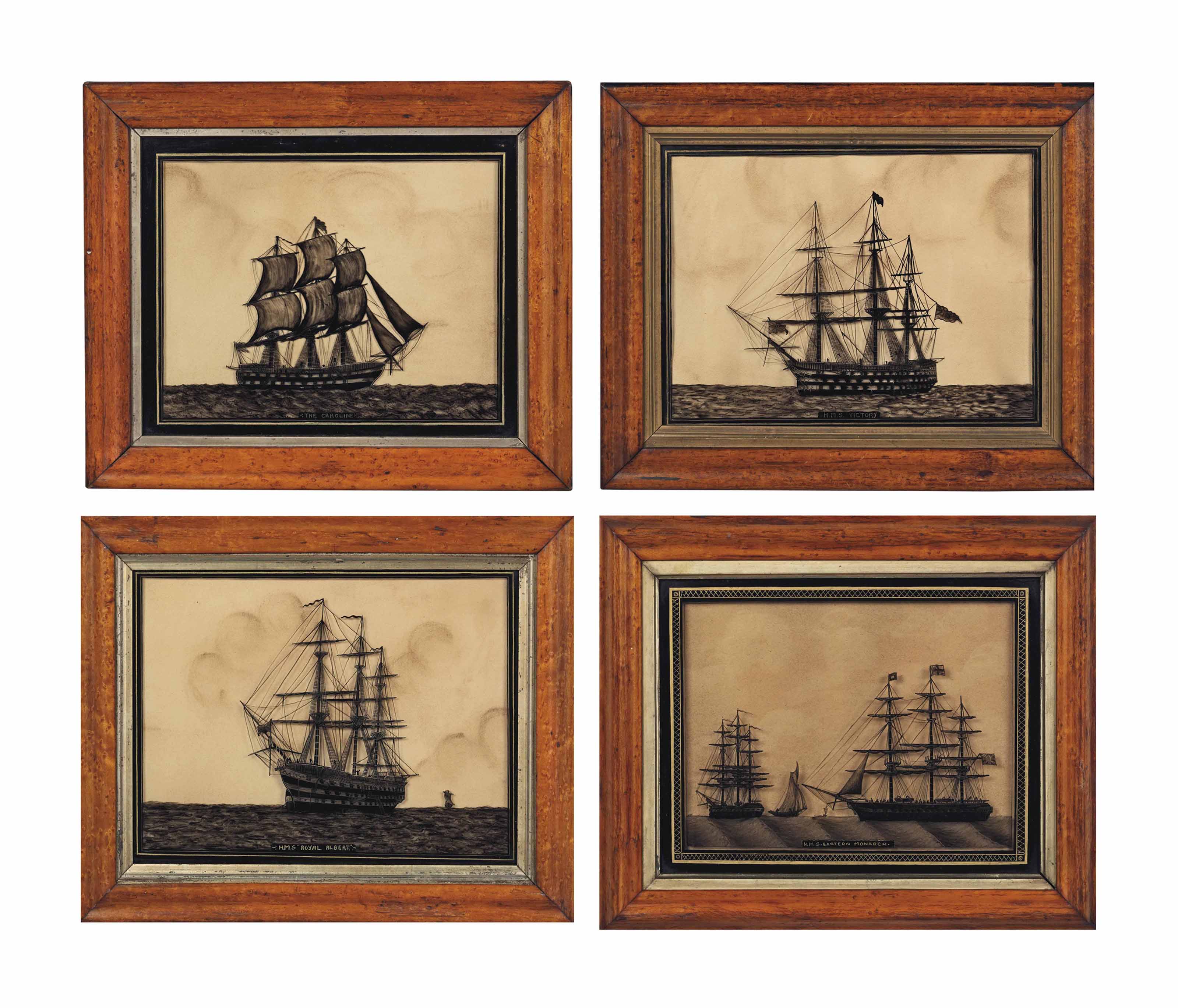 A Set Of Four English Reverse Painted Glass Pictures Of Ship