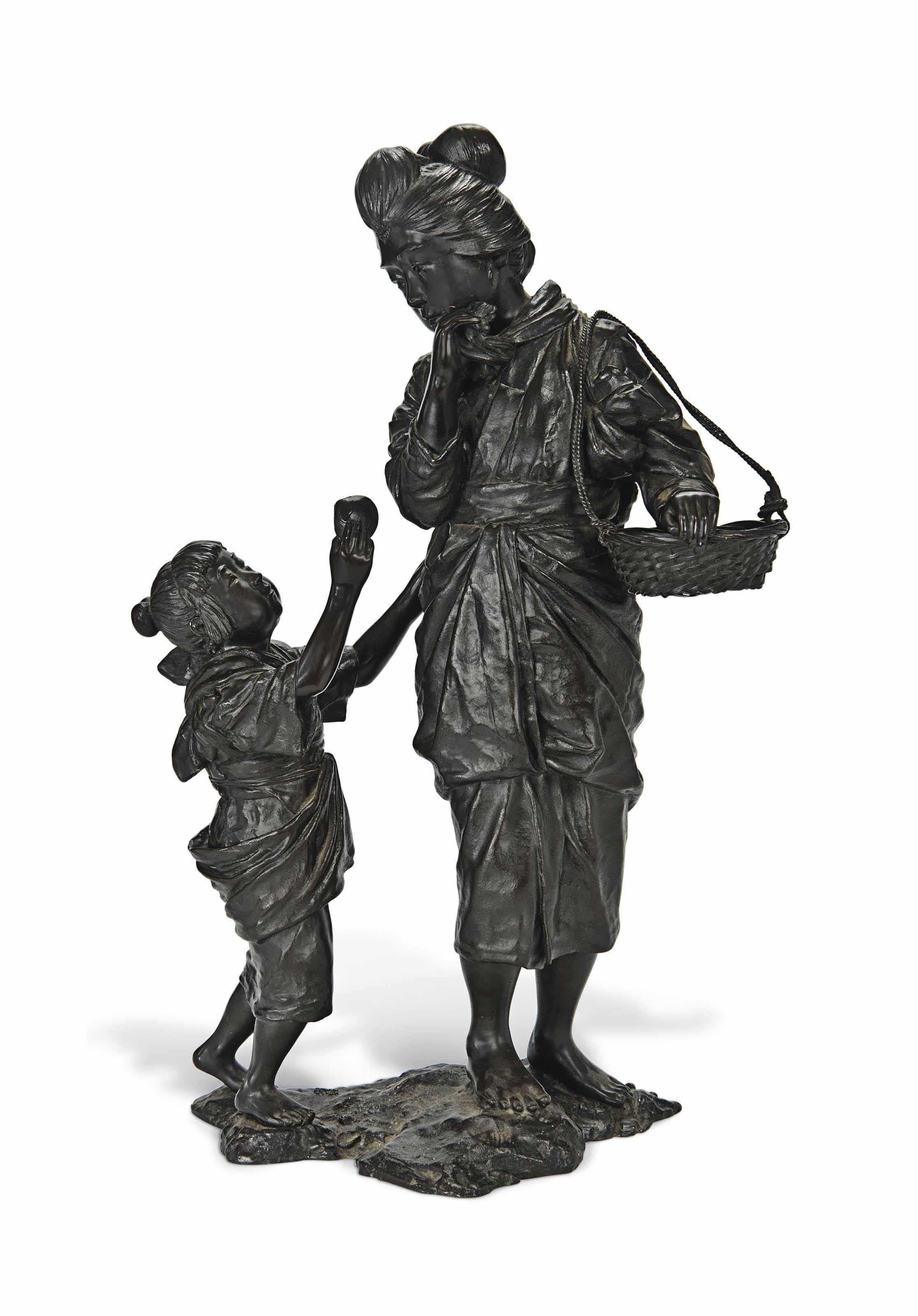A LARGE JAPANESE TOKYO SCHOOL BRONZE SCULPTURE OF A WOMAN AND CHILD