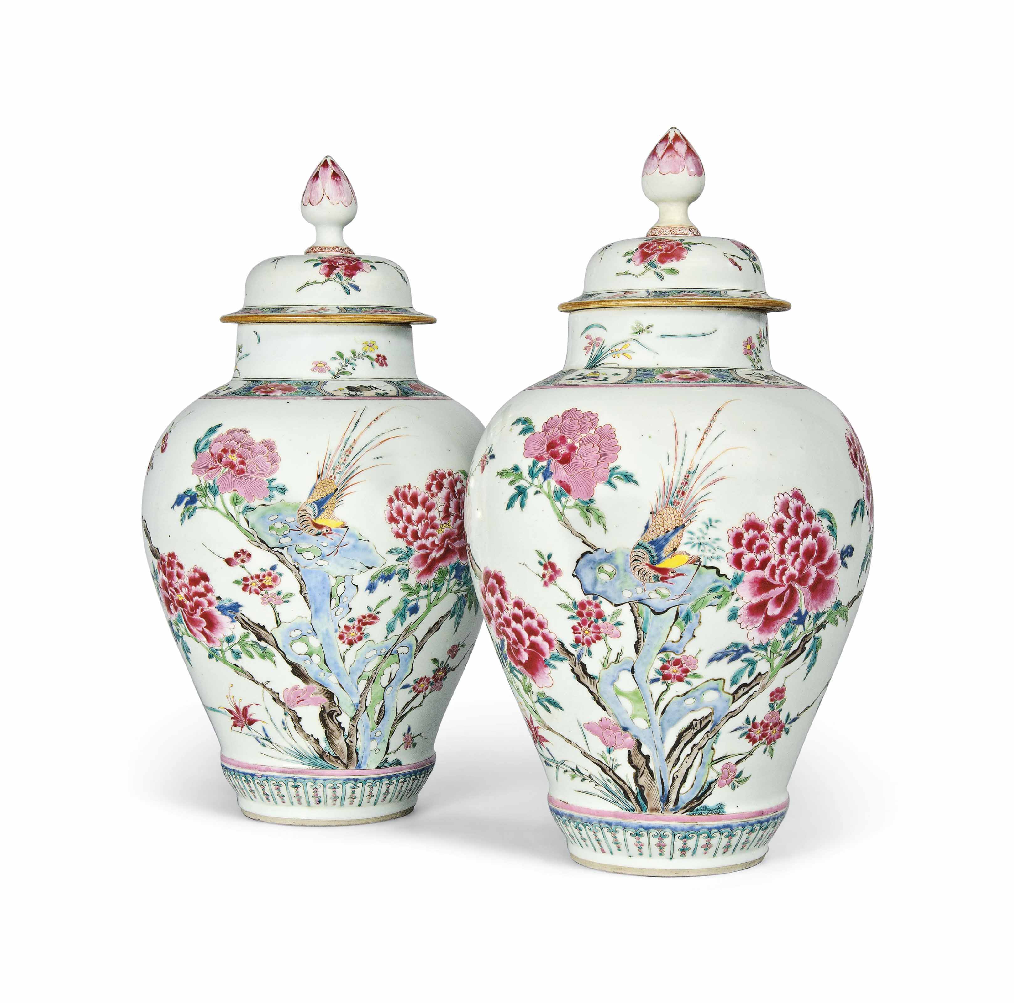 A PAIR OF CHINESE FAMILLE ROSE VASES AND COVERS , YONGZHENG PERIOD