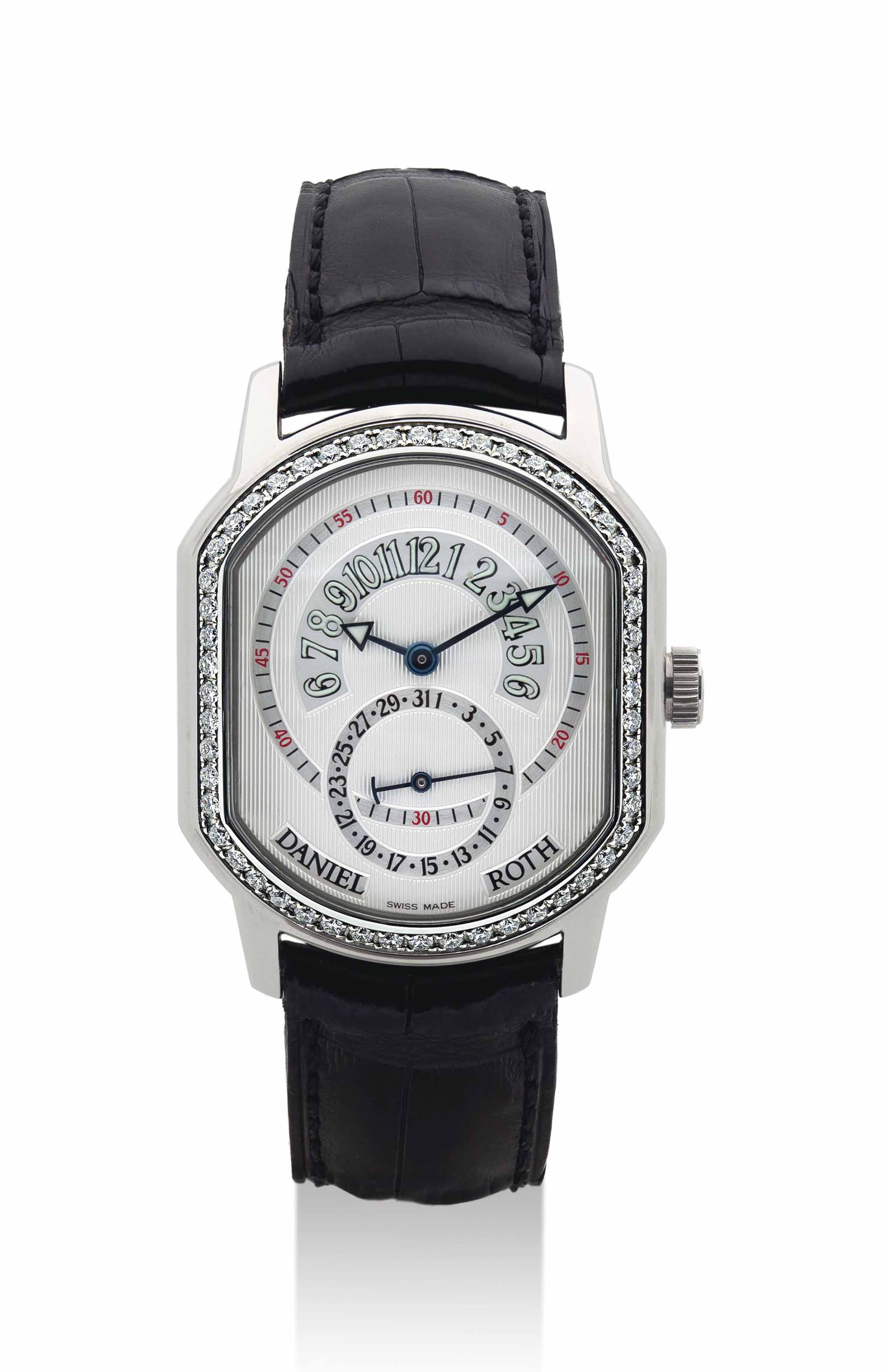 DANIEL ROTH. A FINE 18K WHITE GOLD AND DIAMOND SET TONNEAU SHAPED