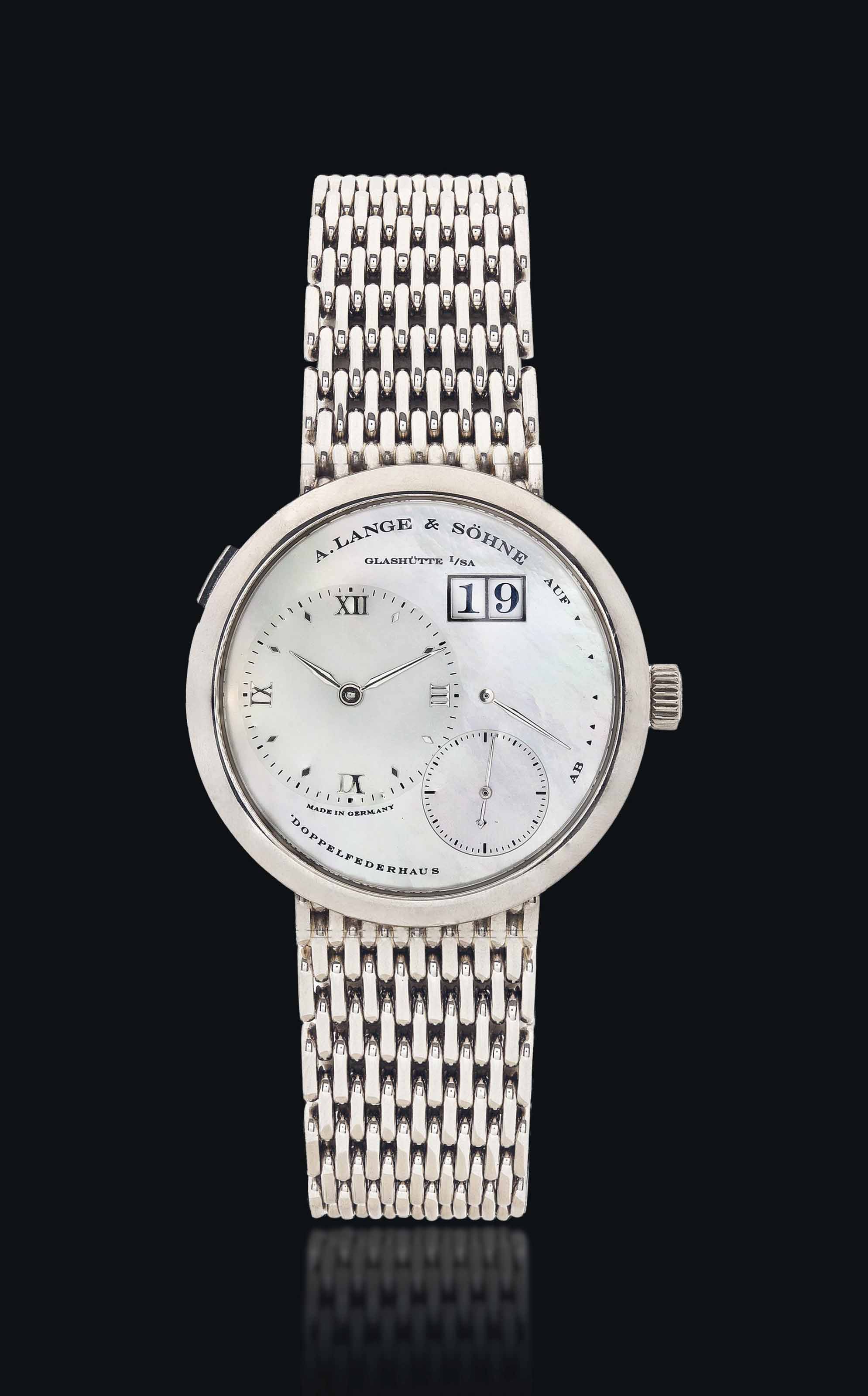 A Lange & Söhne Glashütte 1 Sa Doppelfederhaus A. LANGE & SÖHNE. A FINE AND RARE 18K WHITE GOLD BRACELET WATCH WITH