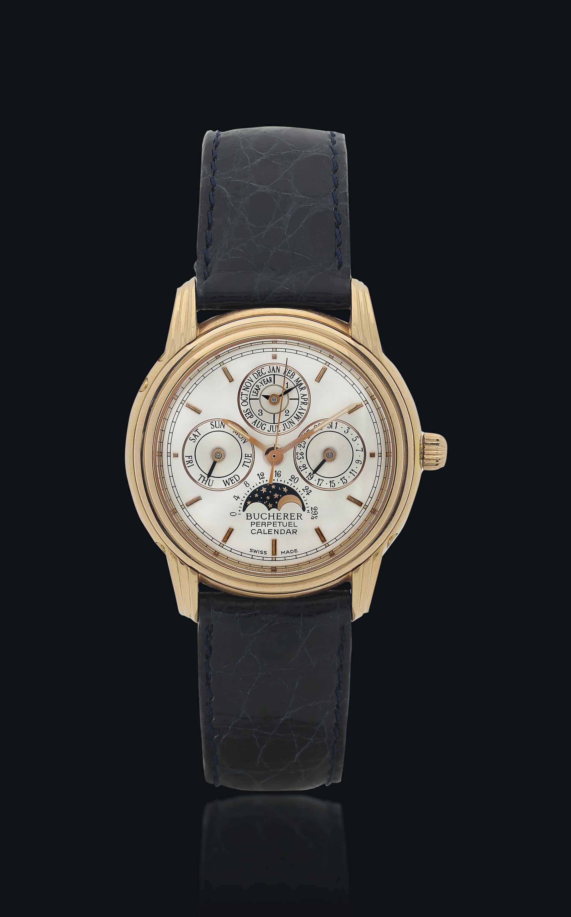 BUCHERER. AN 18K PINK GOLD AUTOMATIC PERPETUAL CALENDAR WRISTWATCH WITH