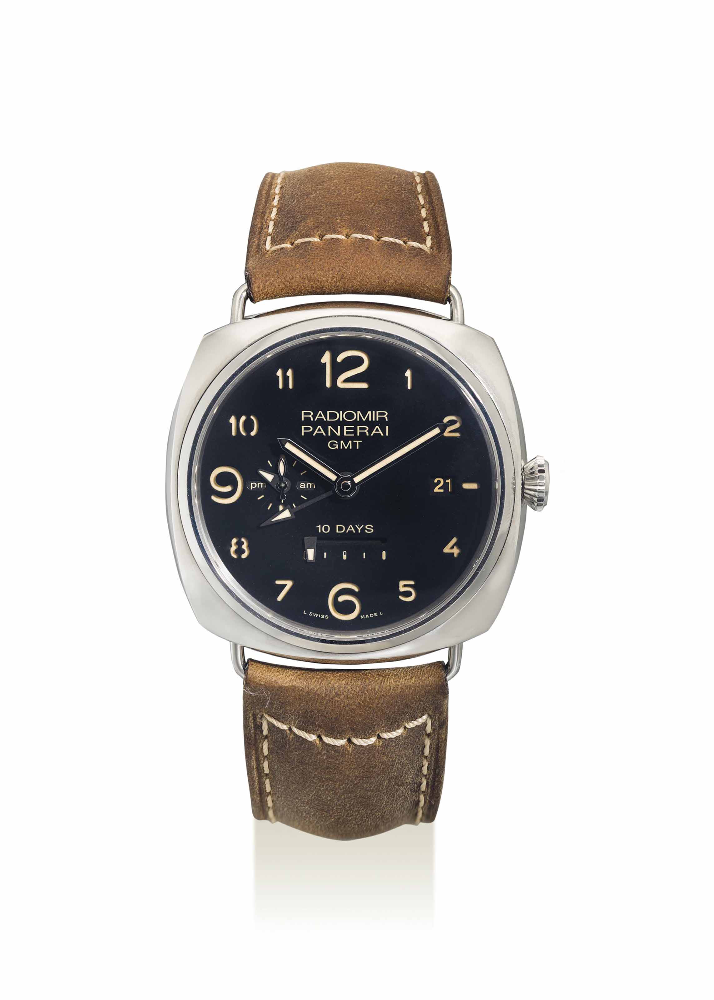 Panerai A Stainless Steel Limited Edition Cushion Shaped Automatic Dual Time Wristwatch With 10 Day Power Reserve Date Am And Pm Indication Made For The Istanbul Boutique Signed Panerai Radiomir 10 Days