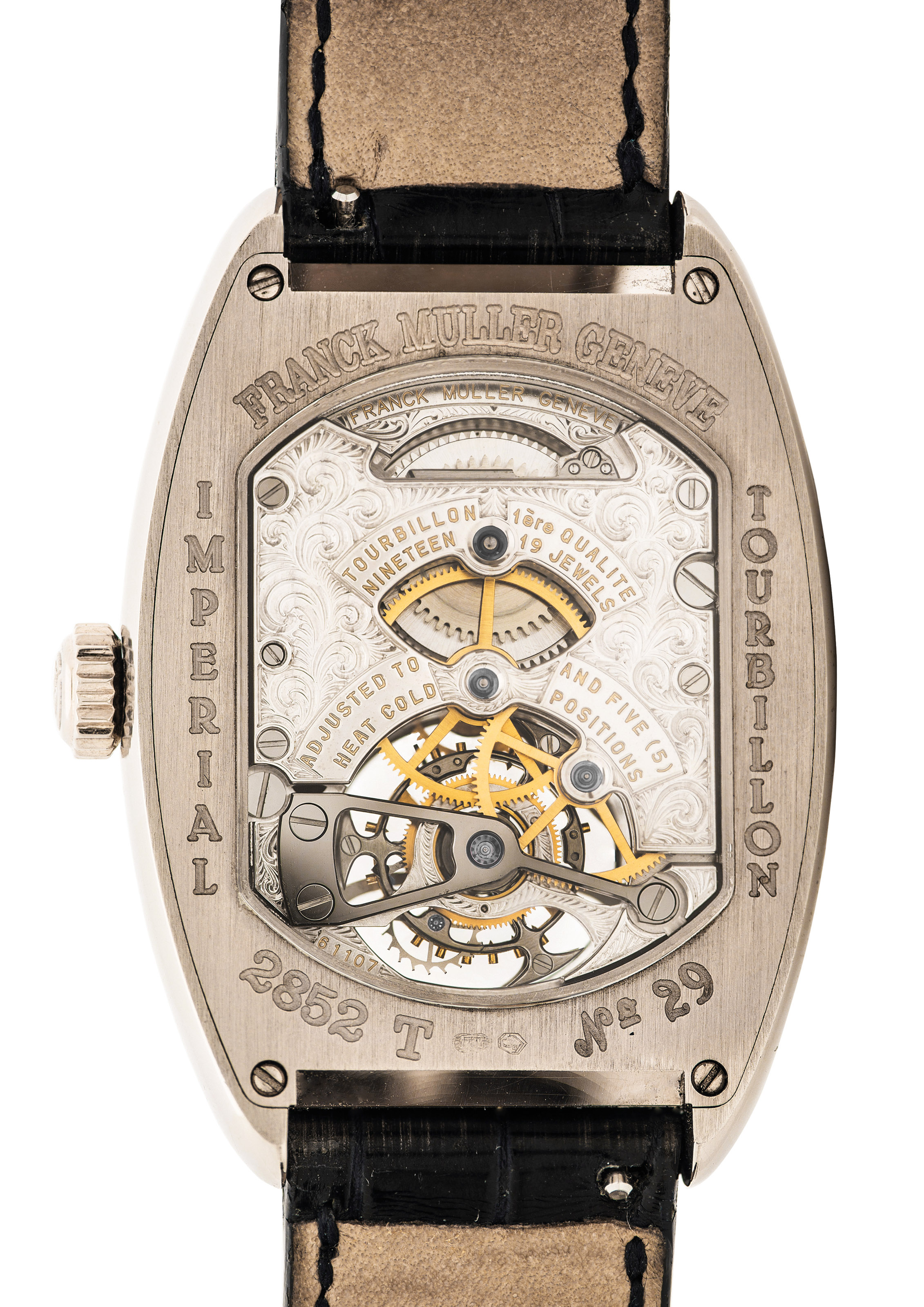 FRANCK MULLER. A FINE 18K WHITE GOLD TONNEAU SHAPED TOURBILLON WRISTWATCH WITH ENAMEL DIAL SIGNED FRANCK MULLER GENEVE IMPERIAL TOURBILLON MODEL NO. 29 REF. 2852 T CIRCA 2005 Christie s