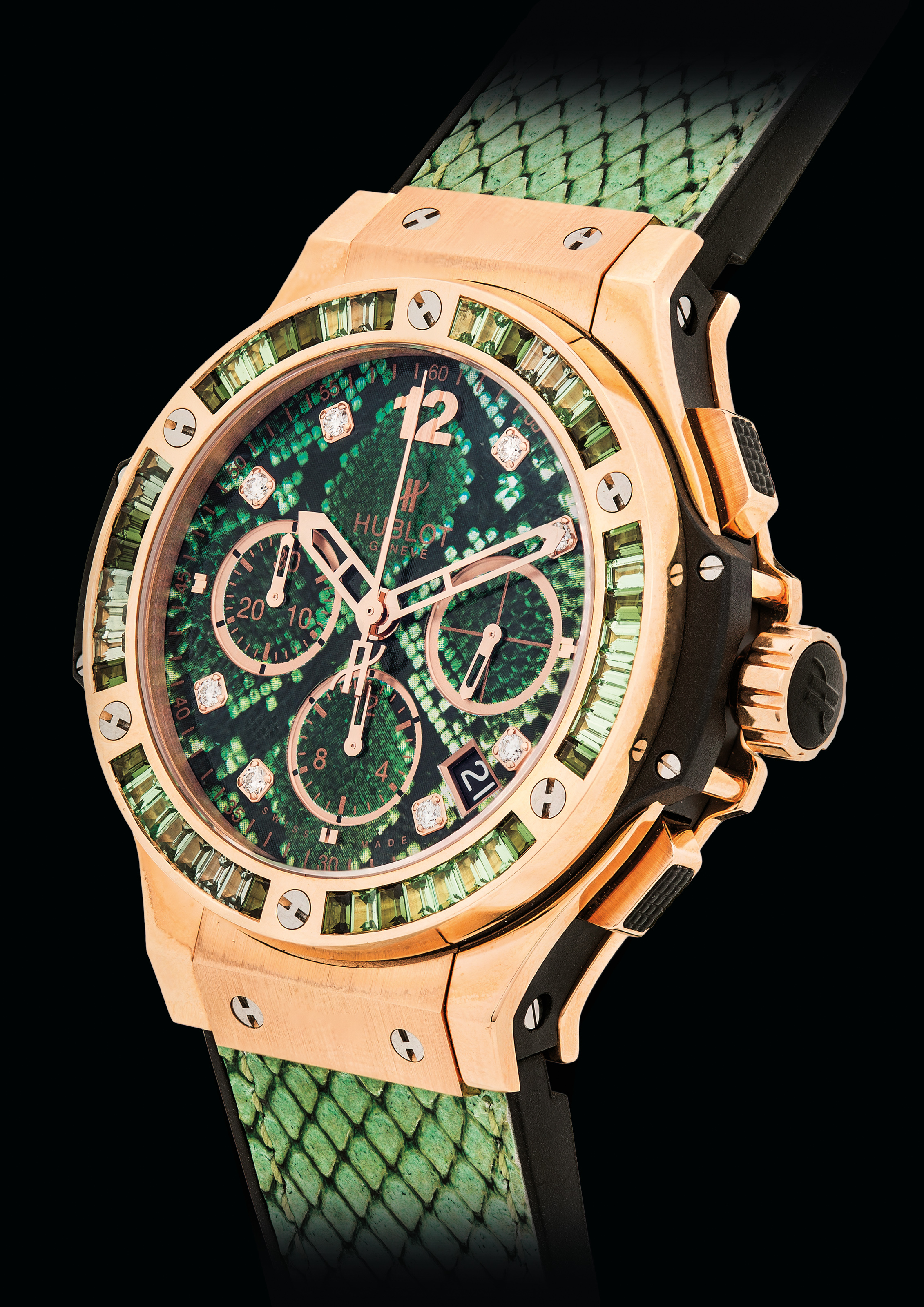 HUBLOT. A VERY FINE 18K PINK GOLD AND TITANIUM, DIAMOND AND TSAVORITE
