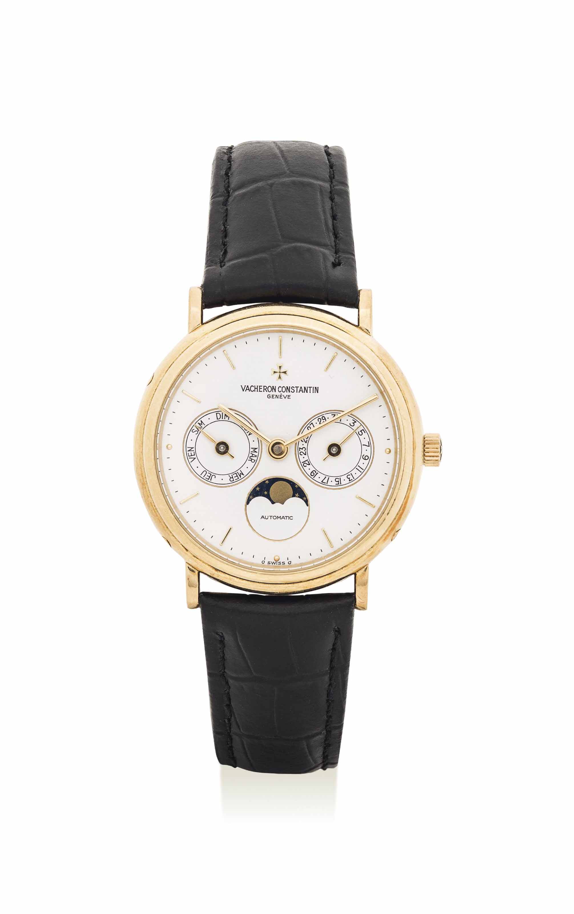 VACHERON CONSTANTIN. A VERY FINE 18K GOLD AUTOMATIC TRIPLE CALENDAR