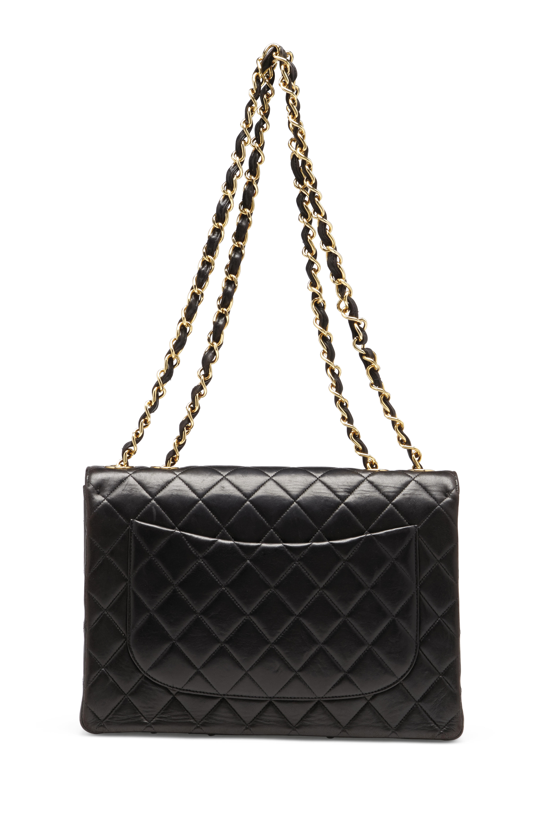 A BLACK LAMBSKIN LEATHER JUMBO CLASSIC SINGLE FLAP BAG WITH GOLD