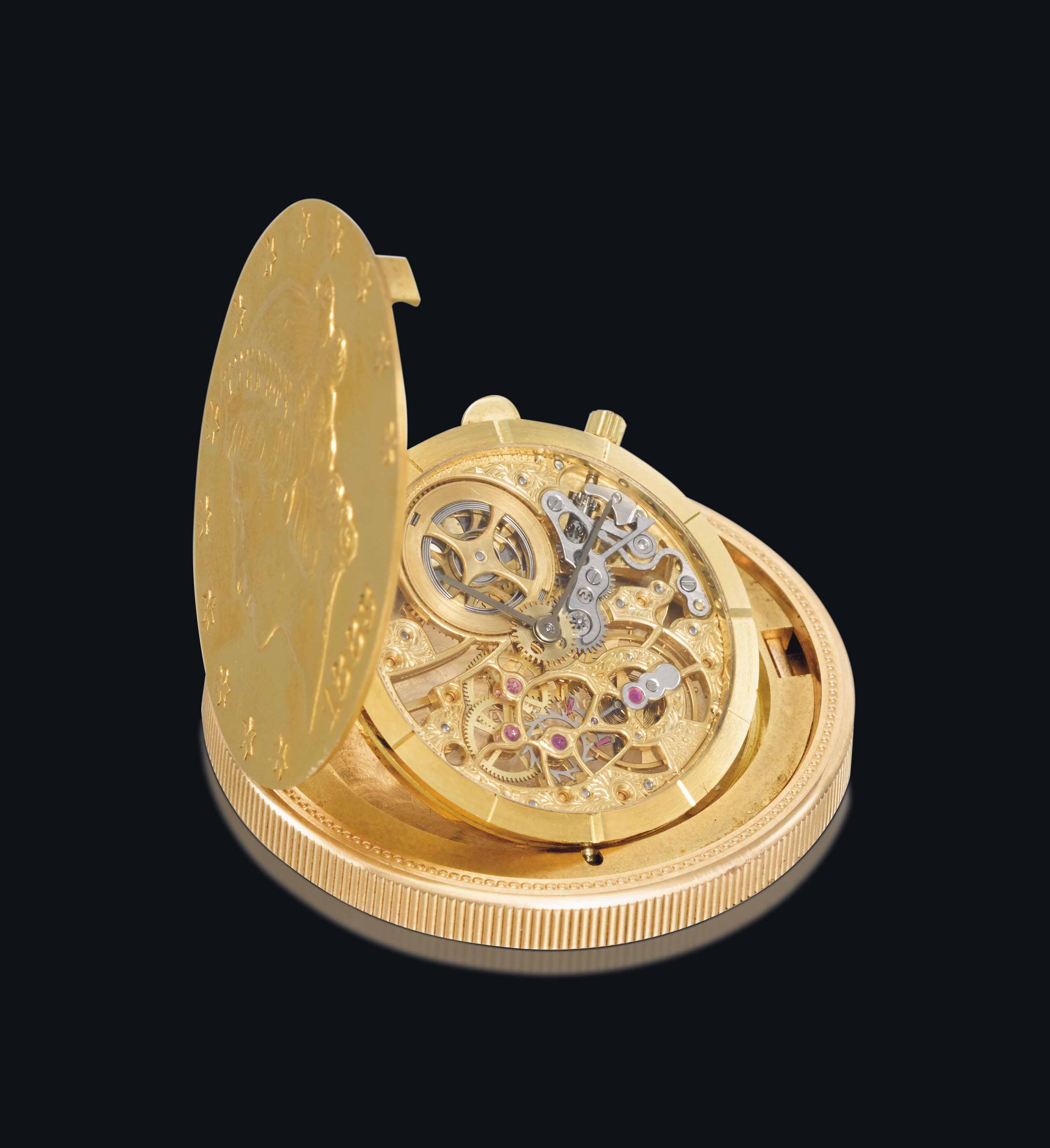 Audemars Piguet. A fine and rare 18K gold skeletonized coin watch