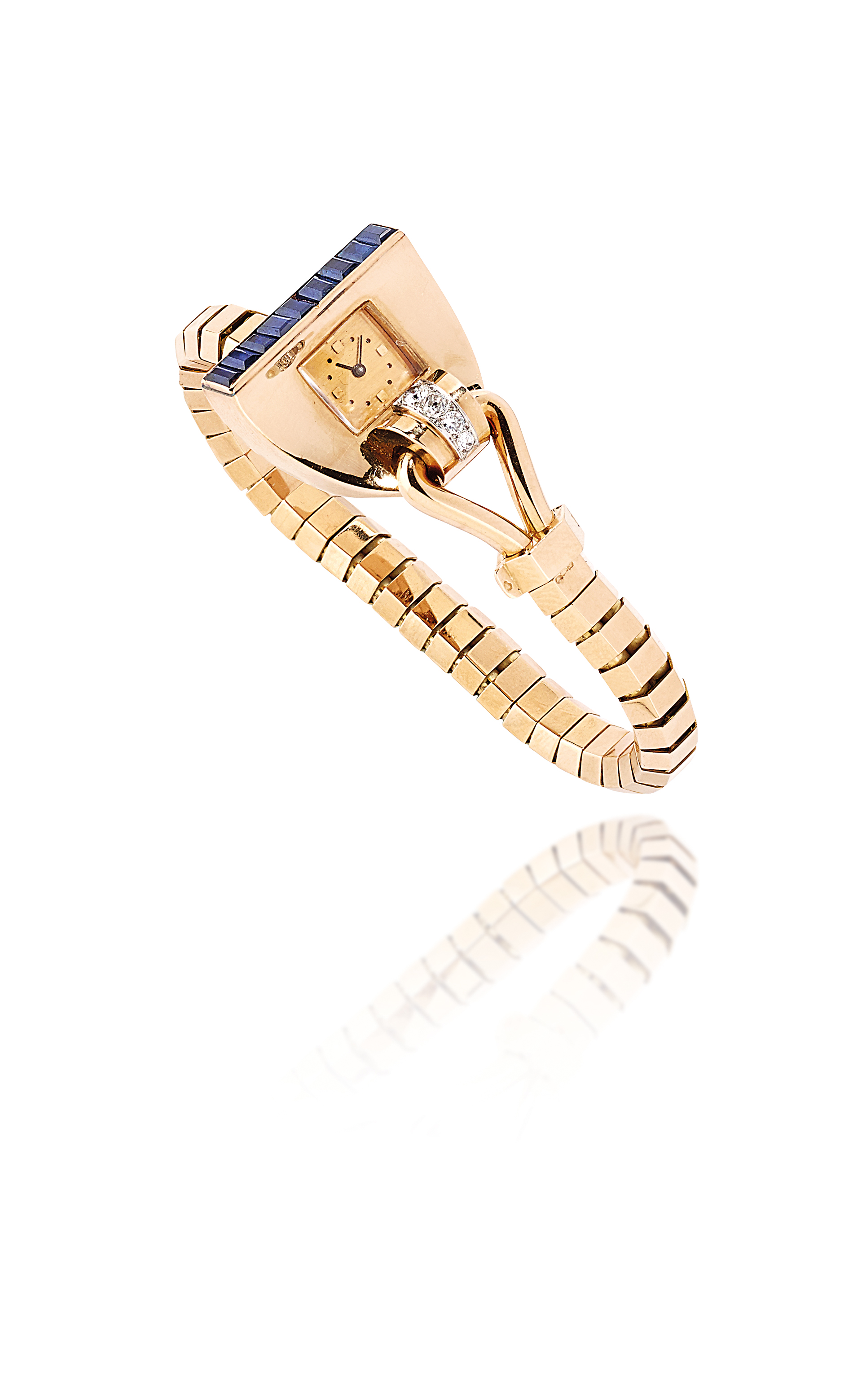 A RETRO GOLD, SAPPHIRE AND DIAMOND BRACELETWATCH, BY BOUCHERON