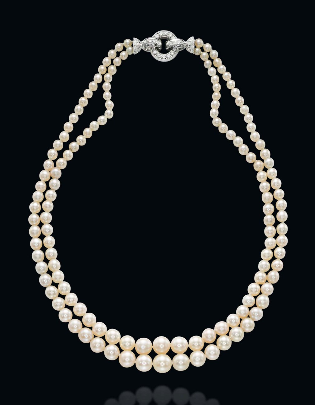 A TWO-STRAND NATURAL PEARL, CULTURED PEARL AND DIAMOND NECKLACE