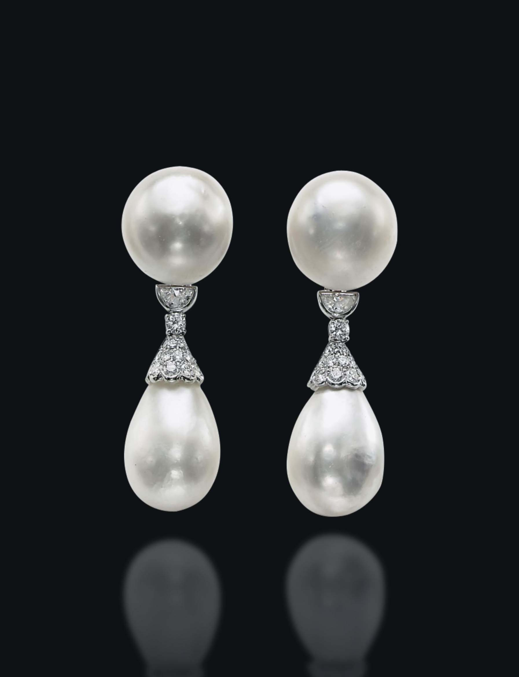 AN EXCEPTIONAL PAIR OF NATURAL PEARL AND DIAMOND EAR PENDANTS | Christie's