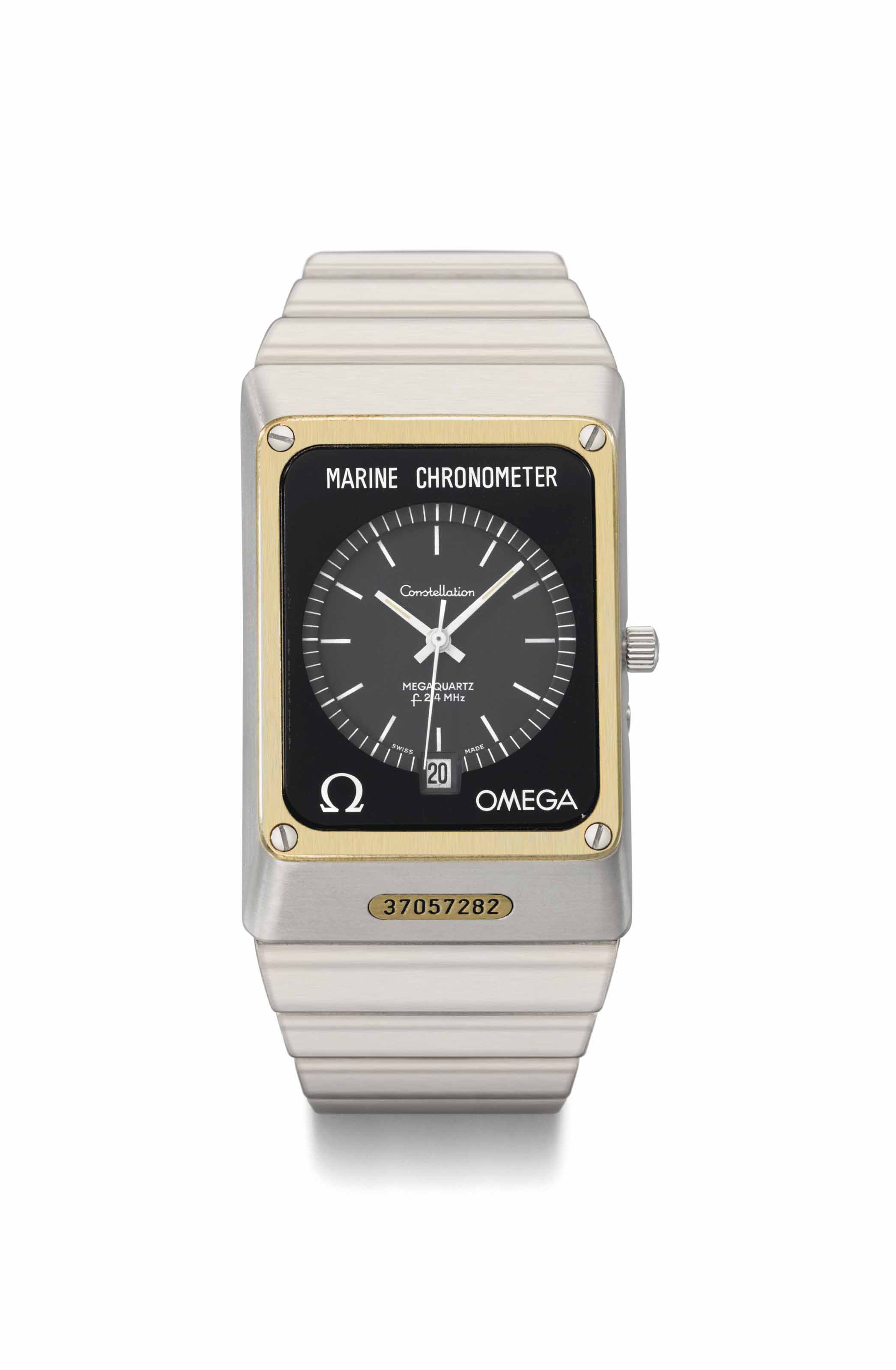 Omega. A fine stainless steel and gold rectangular wristwatch with sweep  centre seconds, date, black dial, bracelet and box, SIGNED OMEGA,  CONSTELLATION, MARINE CHRONOMETER, MEGAQUARTZ, F,4 MHZ, REF. ST 398.0836,  MOVEMENT NO.