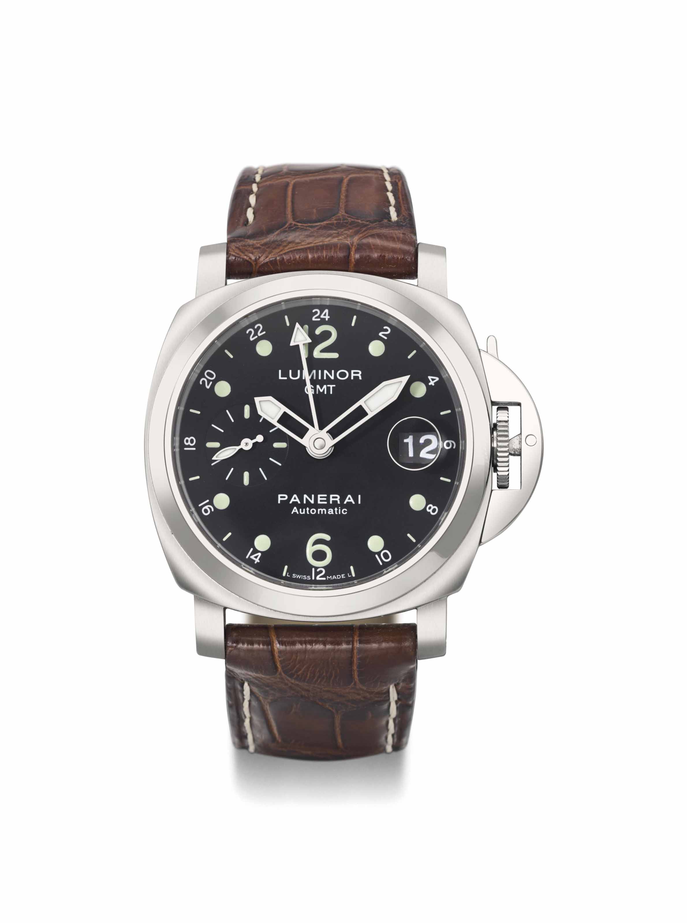 Panerai. A large stainless steel automatic dual time wristwatch with date guarantee and box SIGNED PANERAI LUMINOR GMT AUTOMATIC OCEAN CHRONOMETER NO. H254 800 REF. OP 6626 PAM 159 MOVEMENT NO. 418 32...