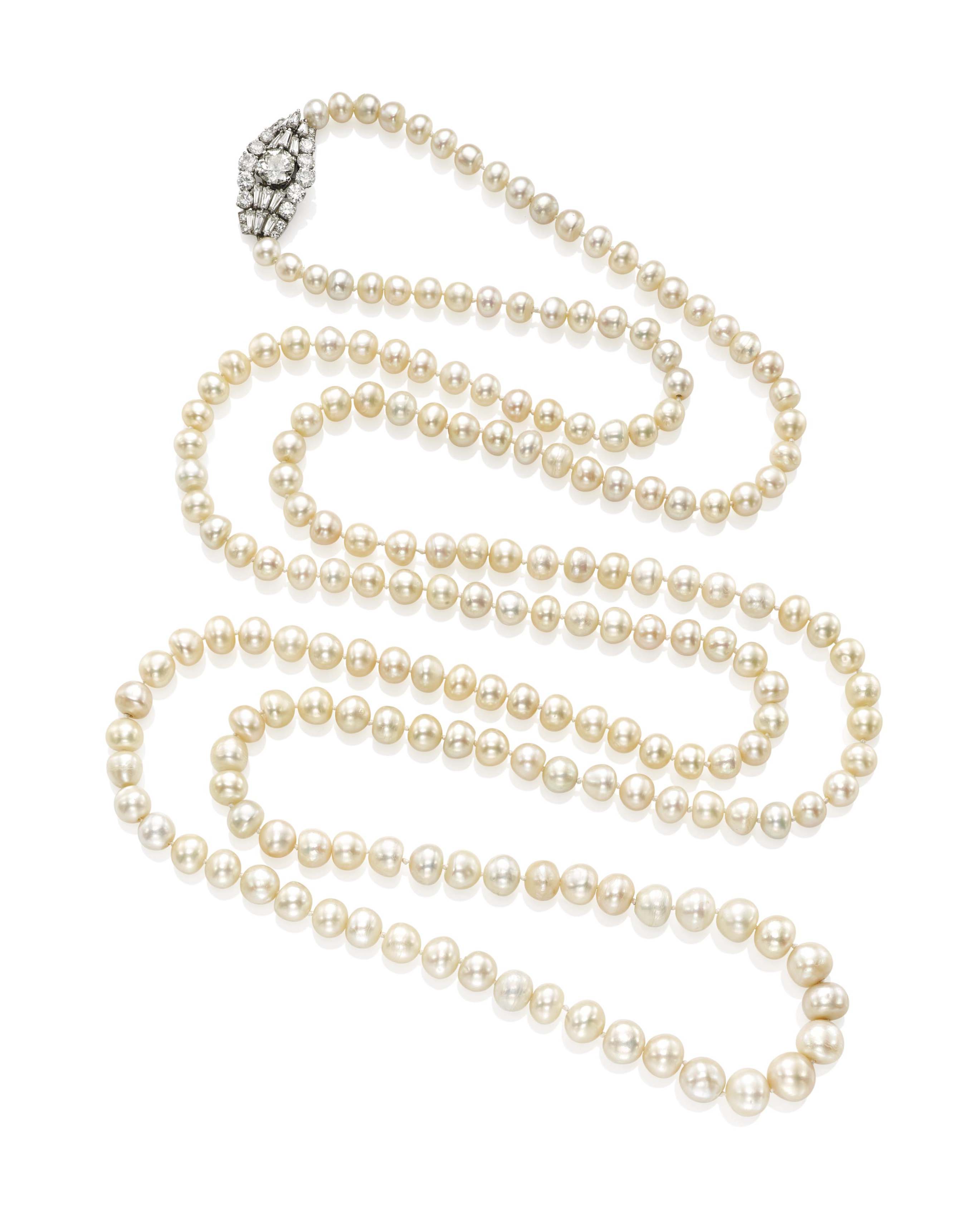 A SINGLE STRAND NATURAL PEARL AND DIAMOND NECKLACE Christie's