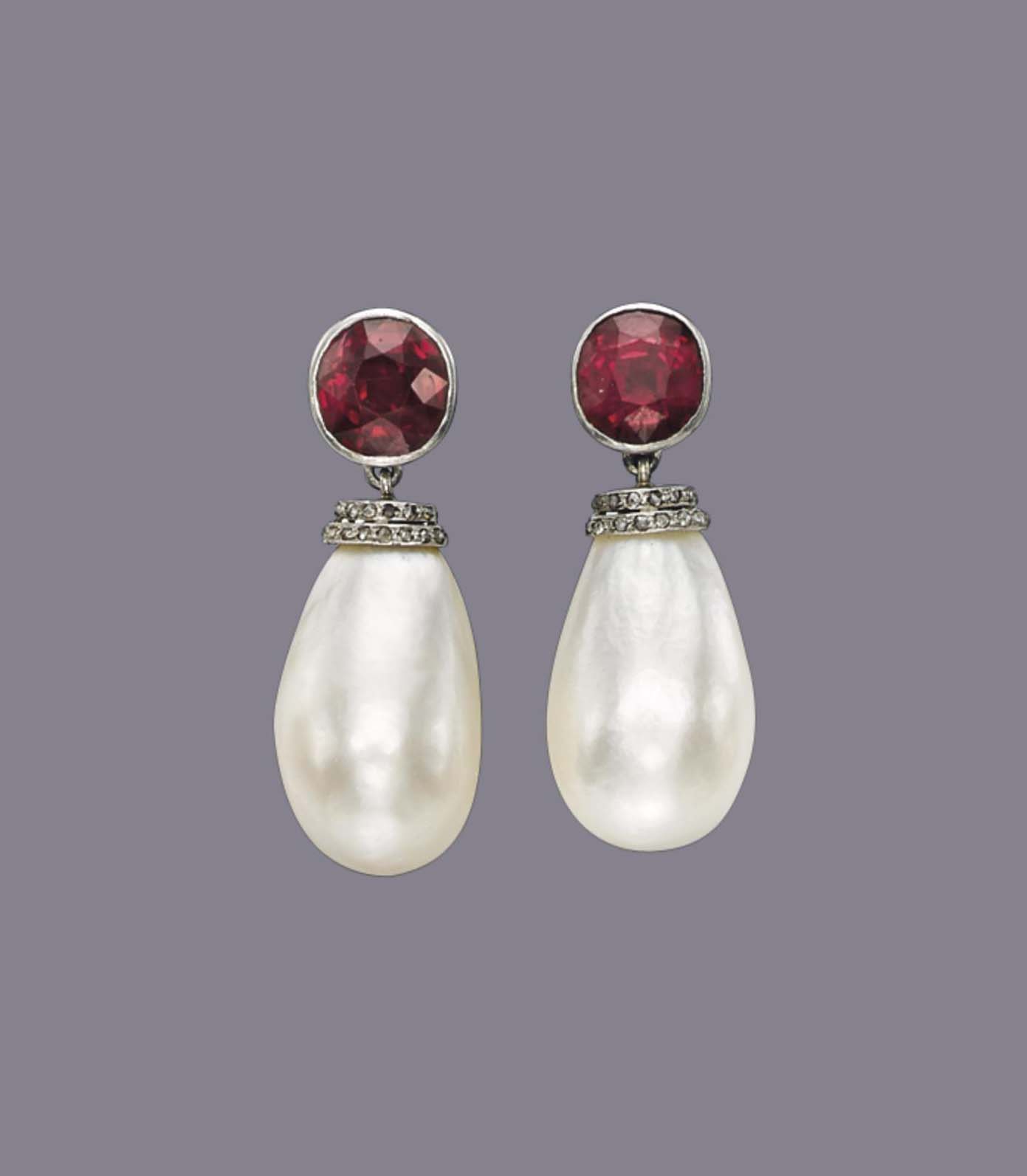 A PAIR OF NATURAL PEARL AND RUBY EARRINGS | Christie's