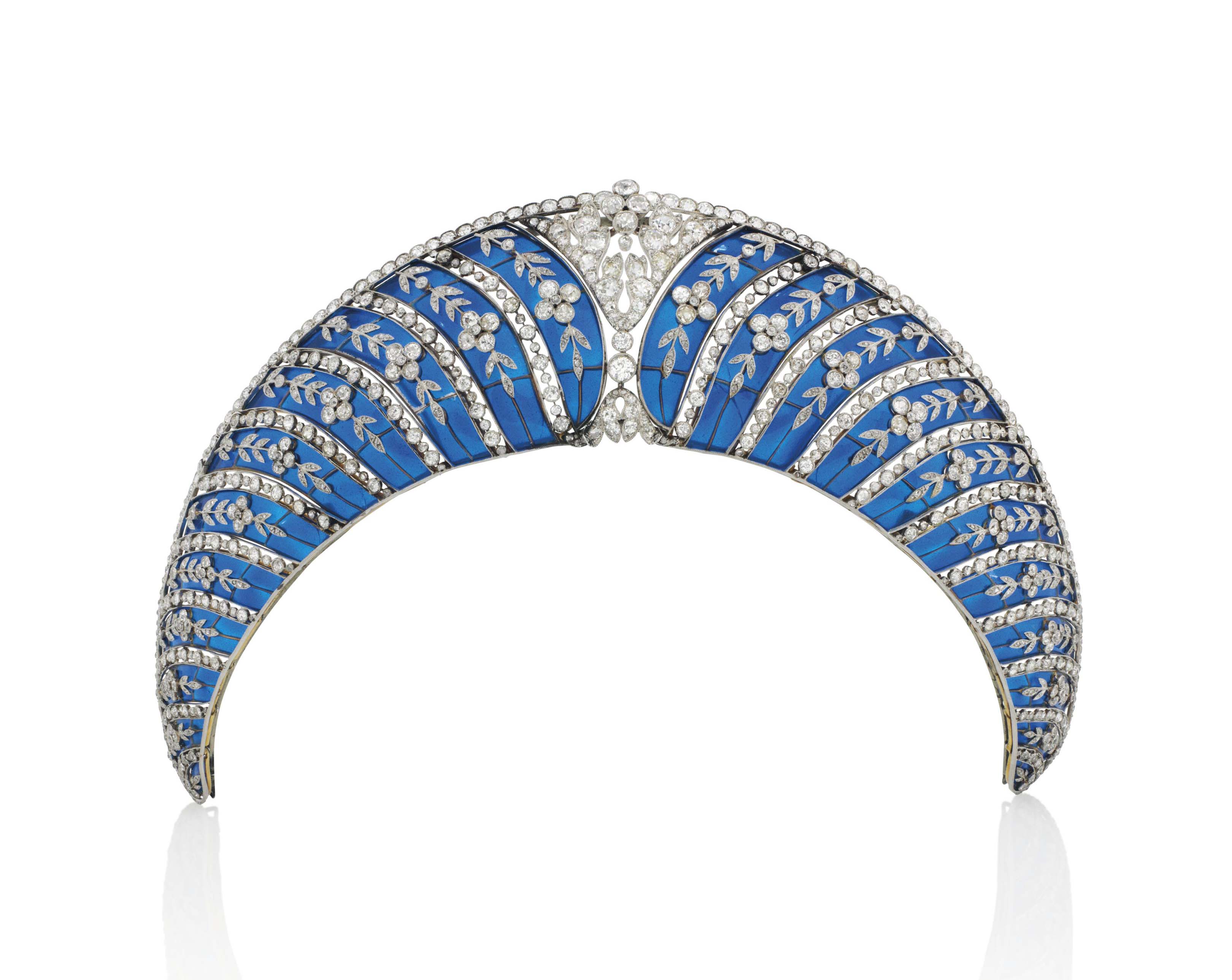 A Belle Epoque kokoshnik enamel and diamond tiara, by Chaumet, circa 1910. Sold for CHF 677,000 on 10 November 2015  at Christie&rsquo;s in Geneva