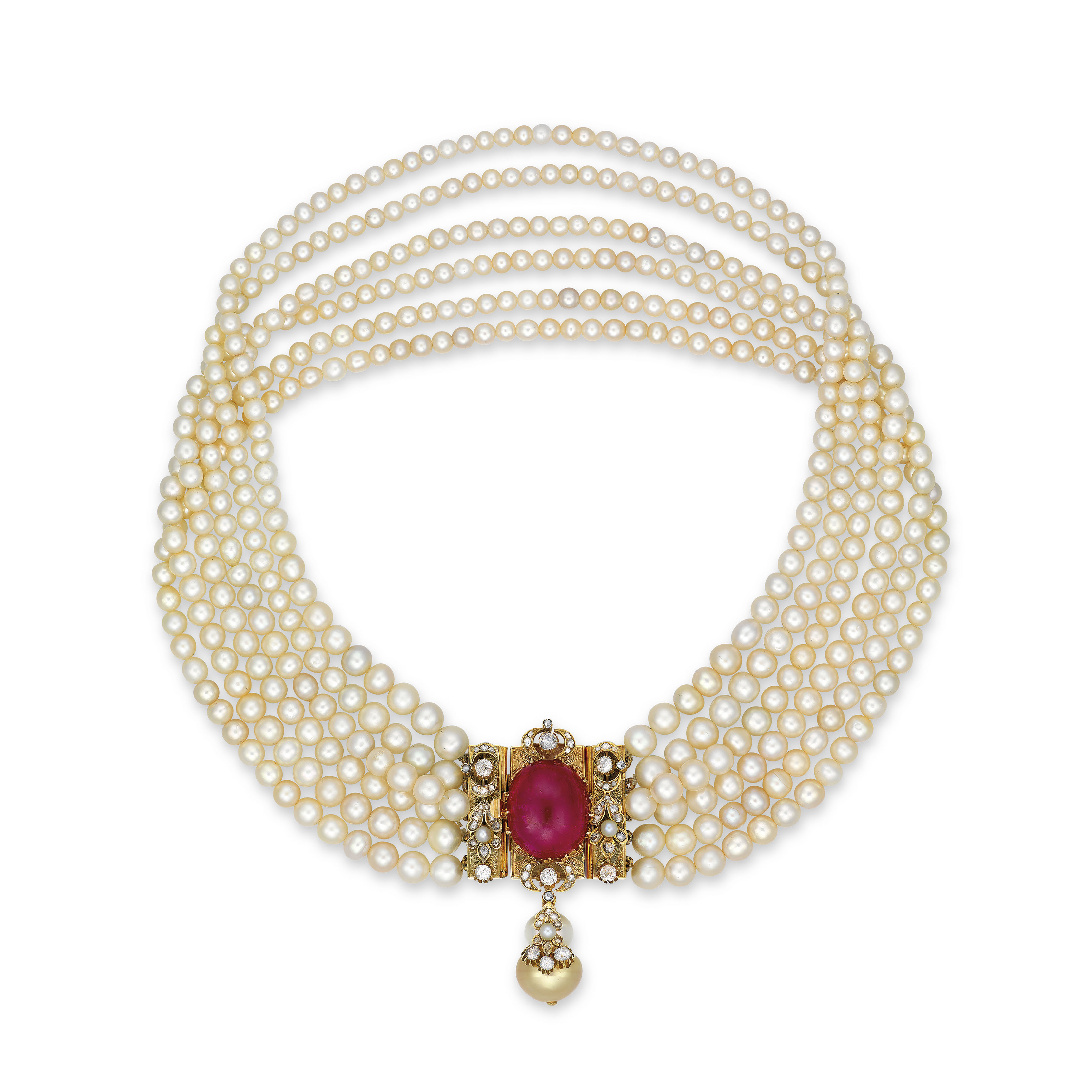 A SIXSTRAND NATURAL PEARL, RUBY AND DIAMOND NECKLACE Christie's
