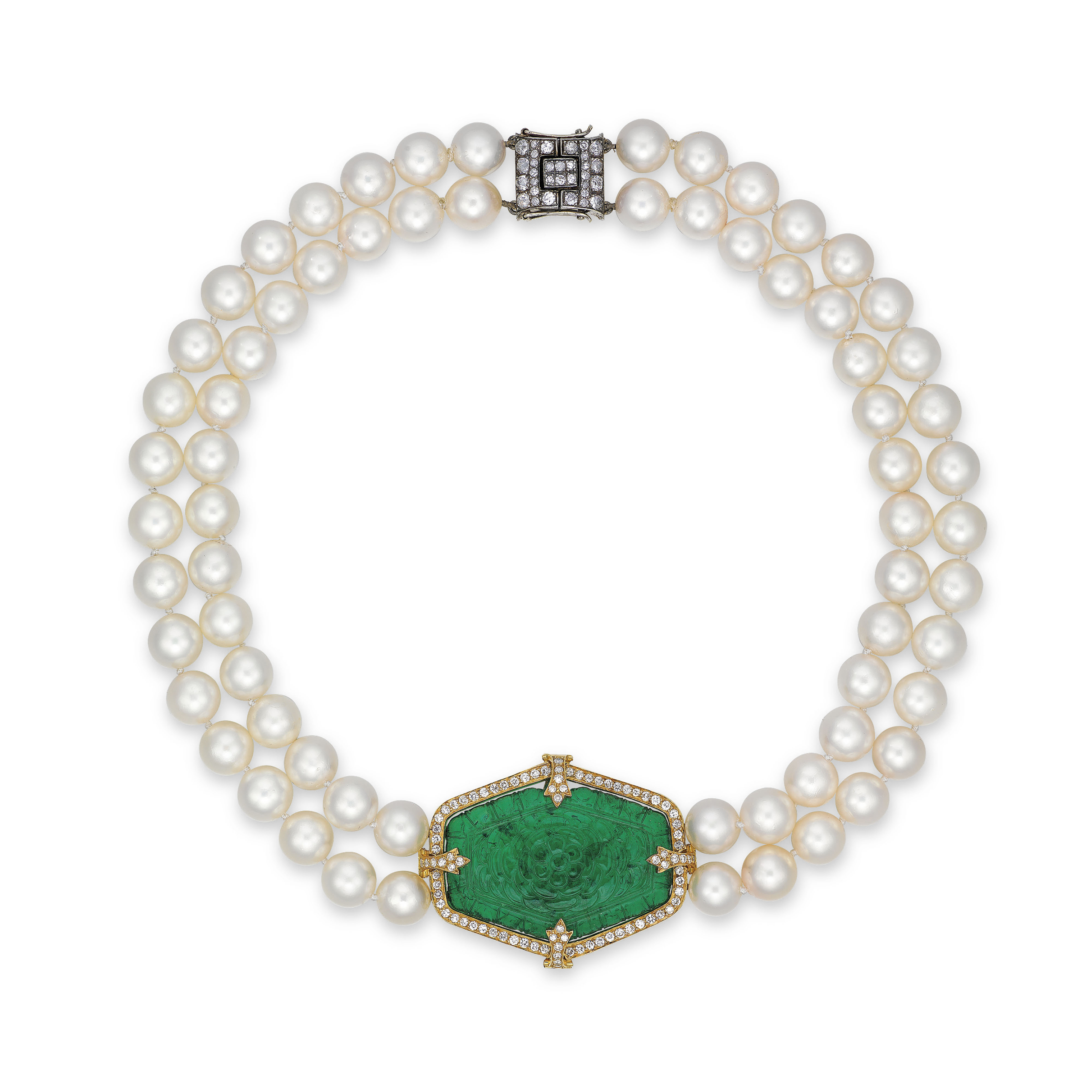 AN EMERALD, CULTURED PEARL AND DIAMOND NECKLACE | Christie's