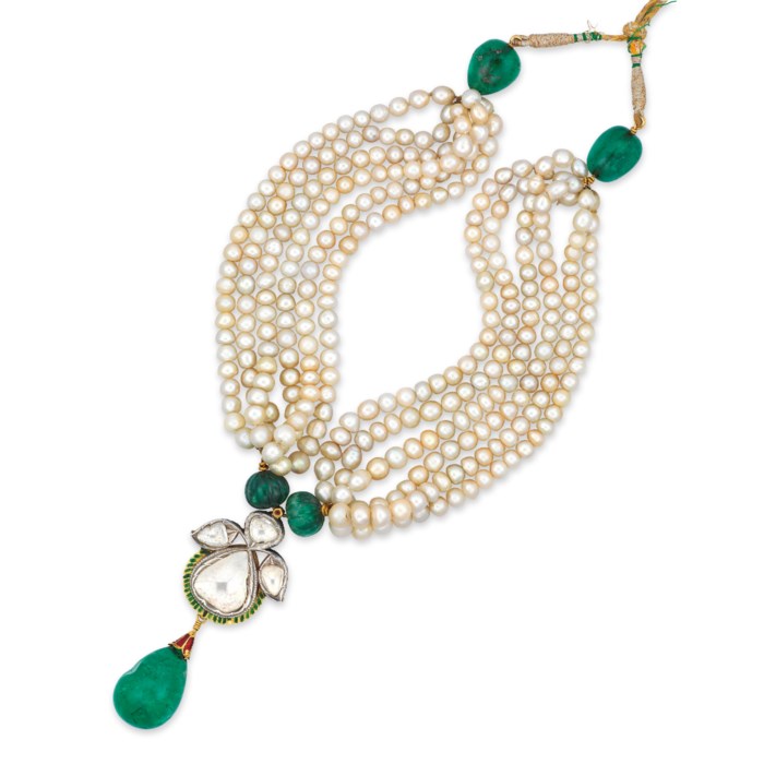 A NATURAL PEARL, EMERALD AND DIAMOND NECKLACE Christie's