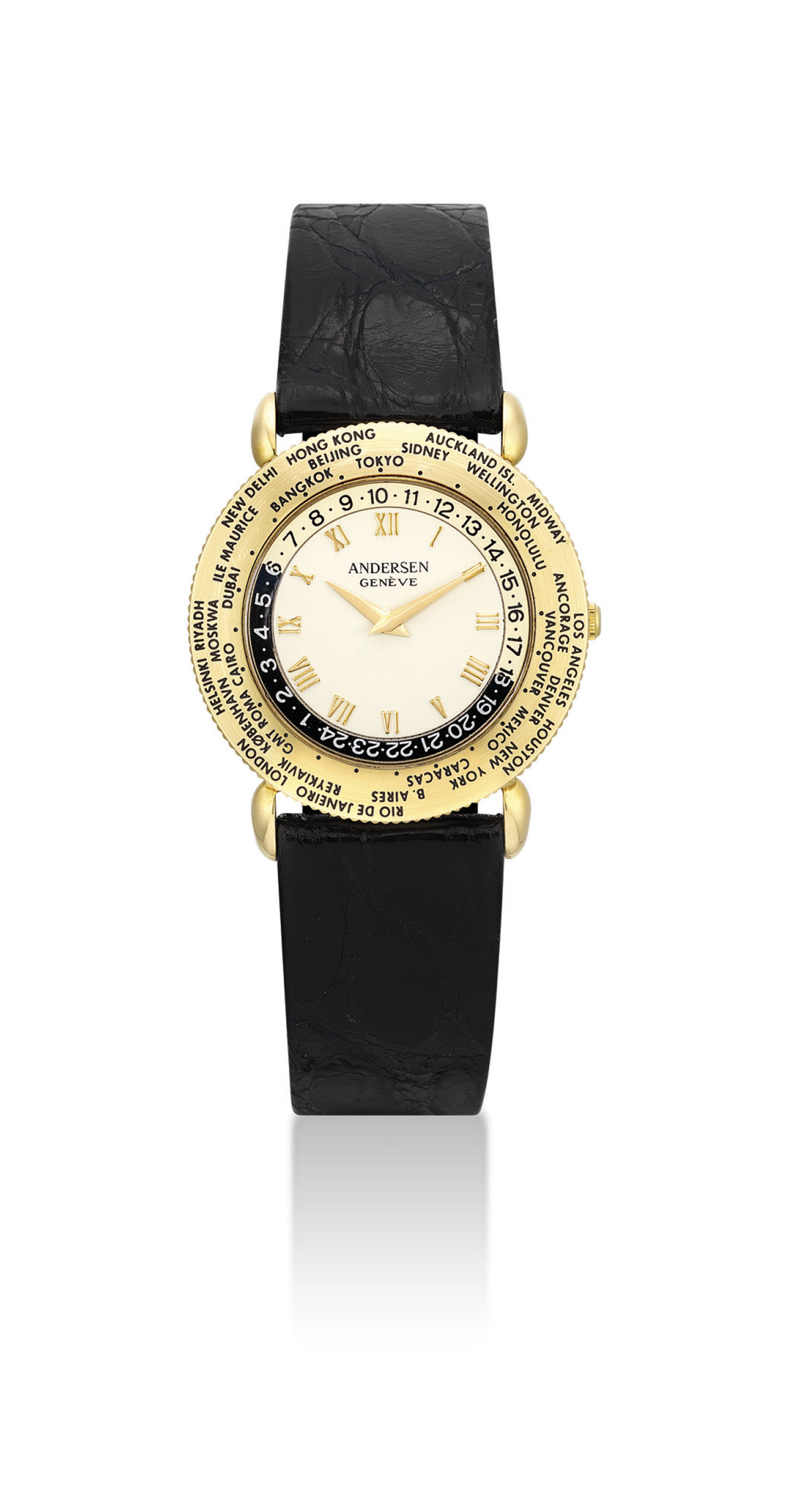 ANDERSEN. AN 18K GOLD AUTOMATIC WORLD TIME WRISTWATCH SIGNED ANDERSEN GENEVE CASE NO. 051 173 CIRCA 1990 Christie s