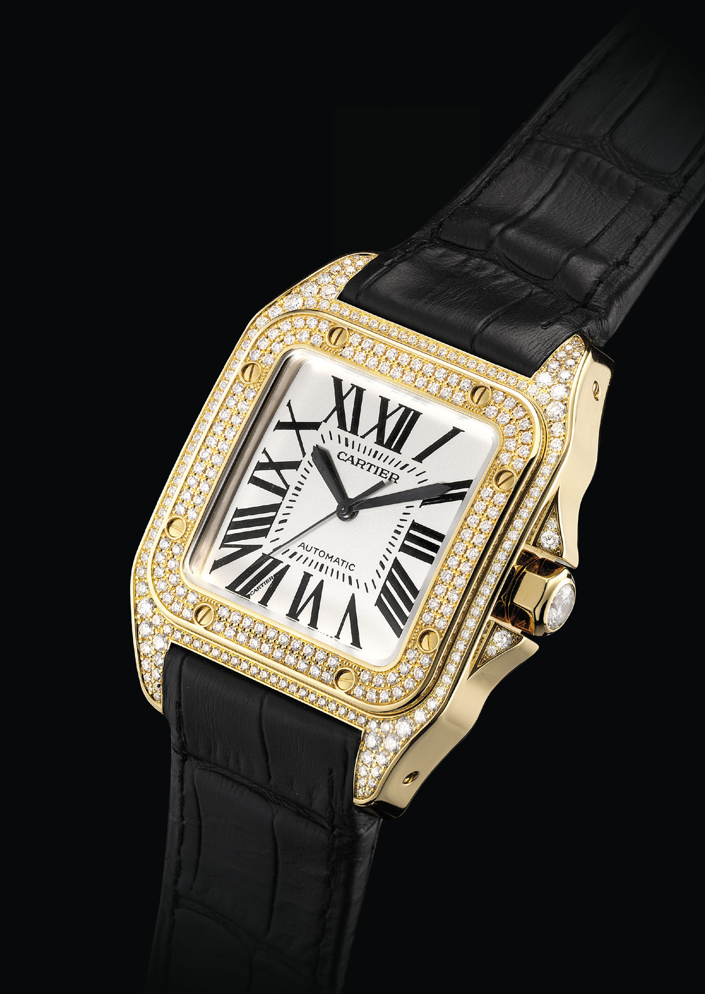 CARTIER. A FINE 18K GOLD AND DIAMONDSET SQUARE AUTOMATIC WRISTWATCH