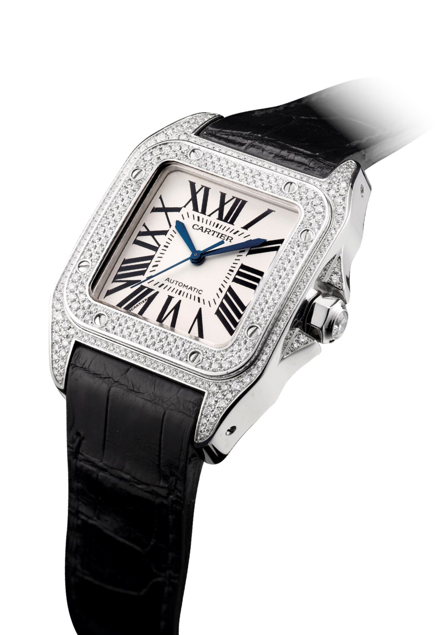 CARTIER. A LADY'S FINE 18K WHITE GOLD AND DIAMONDSET SQUARE AUTOMATIC