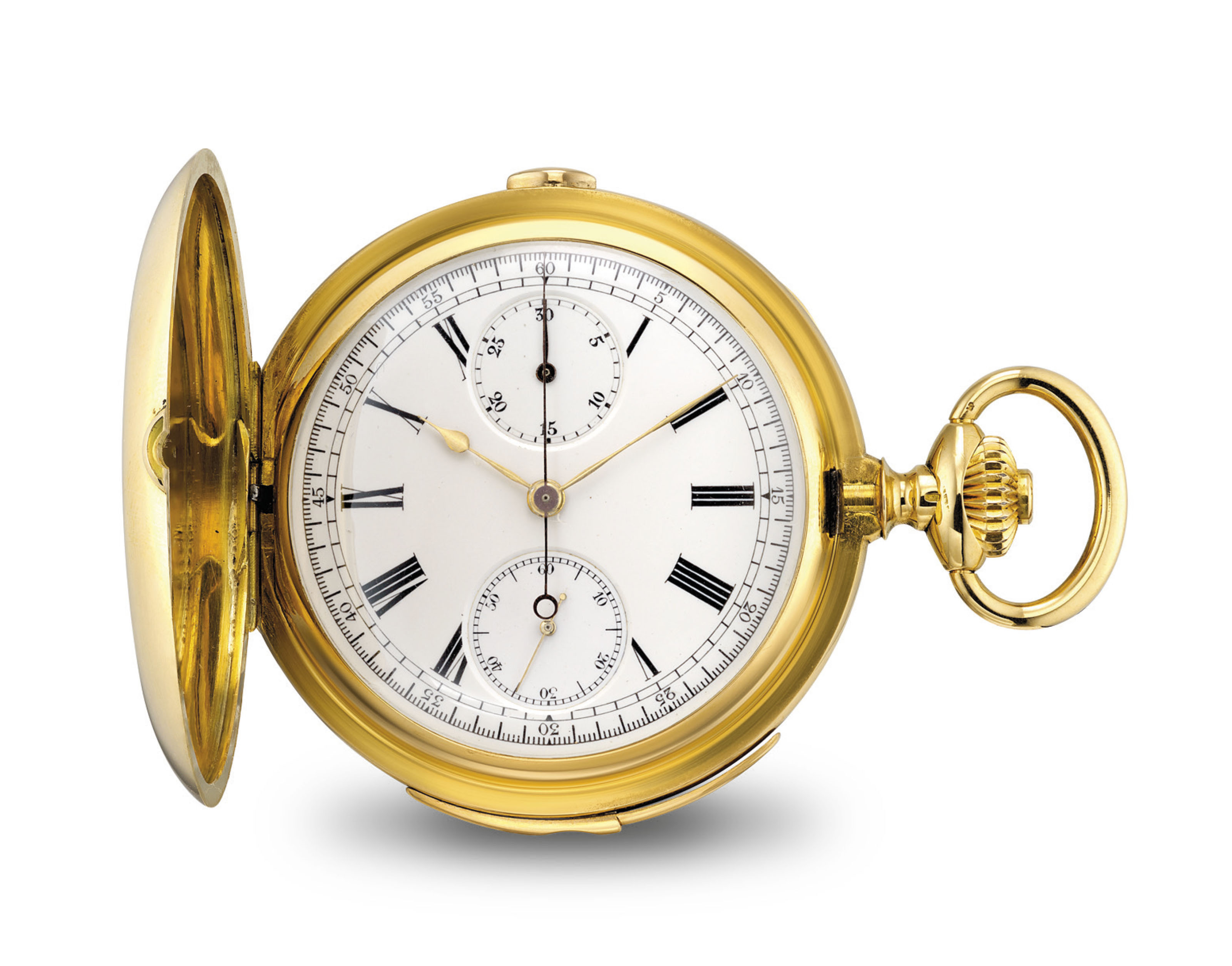 UTI. AN 18K GOLD HUNTER CASE MINUTE REPEATING CHRONOGRAPH KEYLES