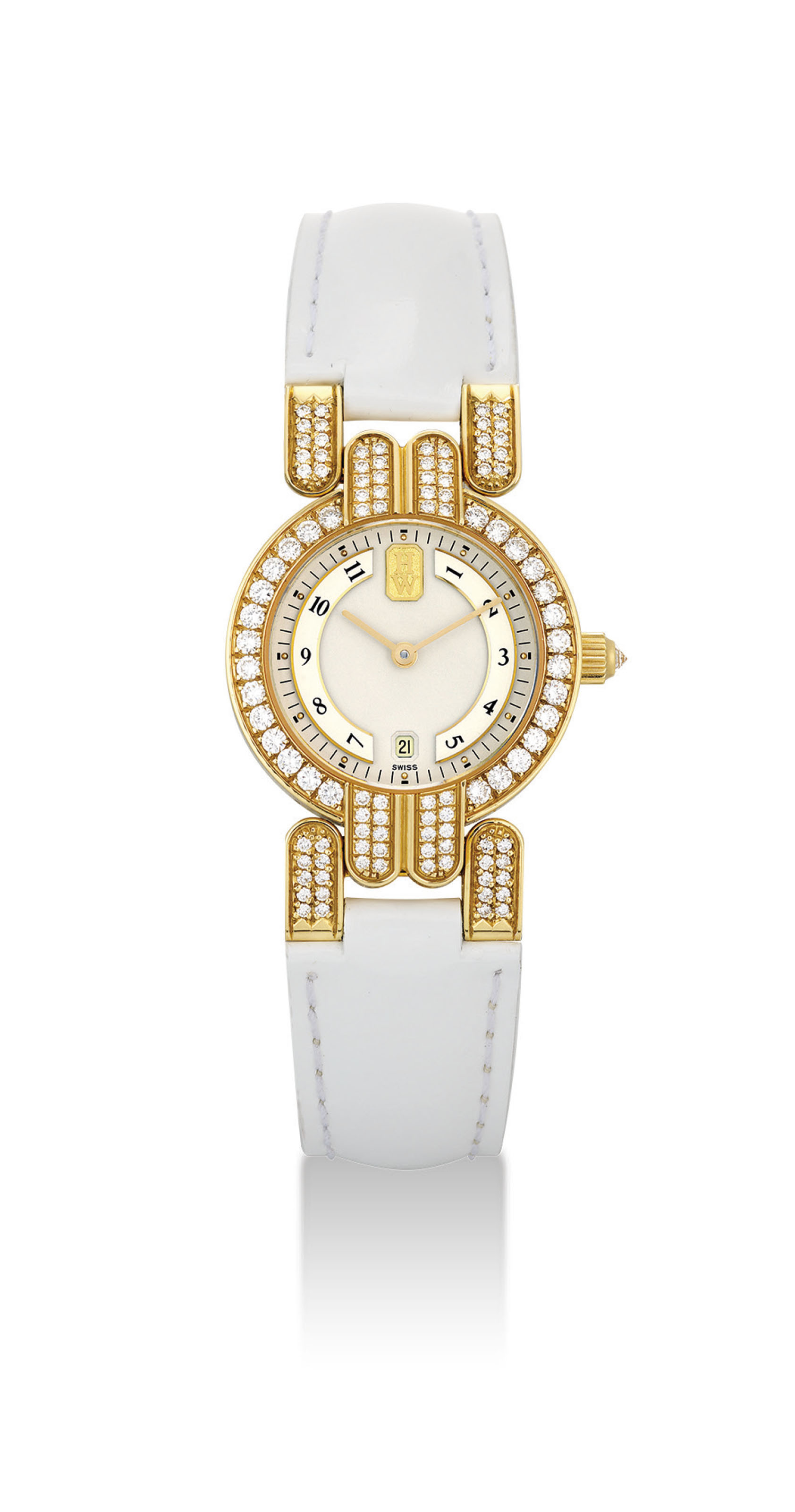 HARRY WINSTON. A LADY'S 18K GOLD AND DIAMONDSET WRISTWATCH WITH DATE