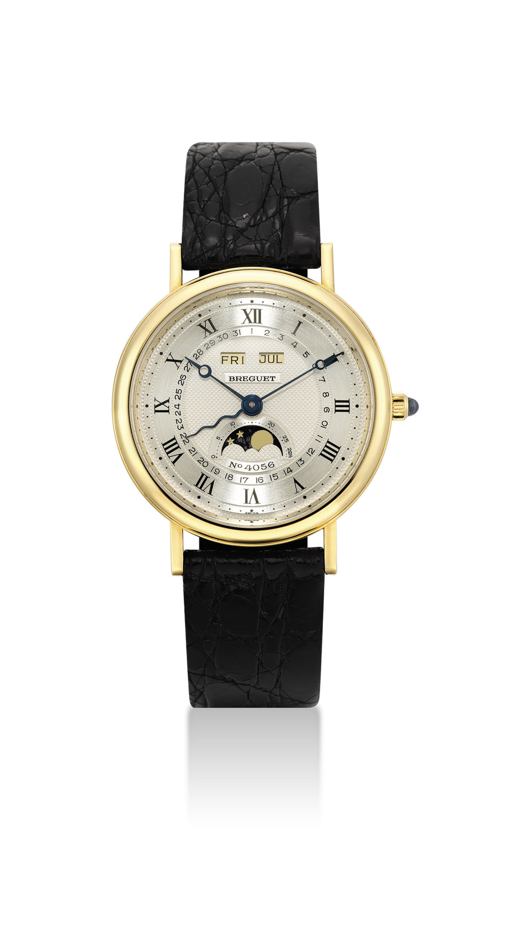 BREGUET. A FINE 18K GOLD AUTOMATIC TRIPLE CALENDAR WRISTWATCH WITH MOON