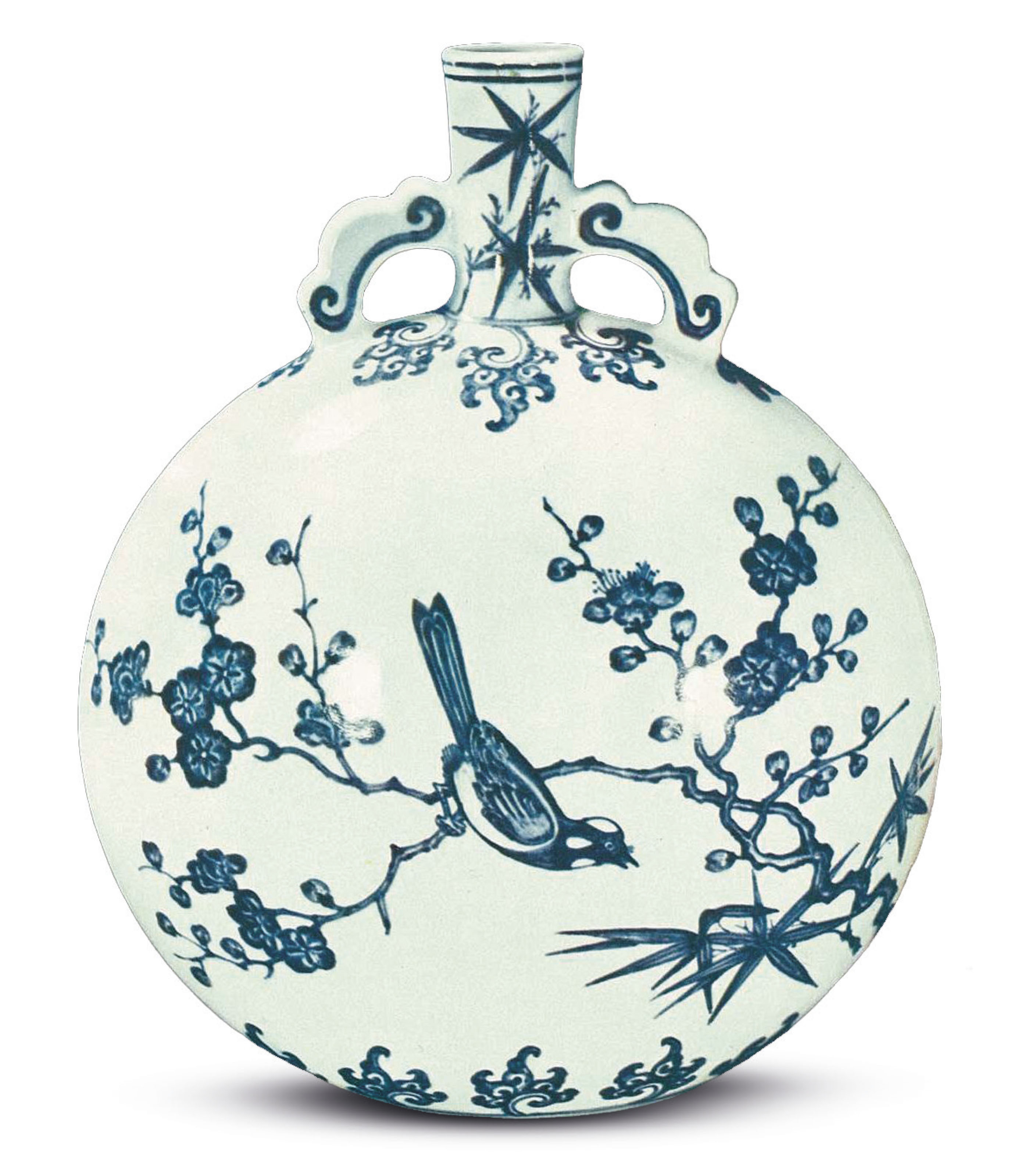 清雍正青花花鳥圖雙耳抱月瓶, YONGZHENG PERIOD (1723-1735