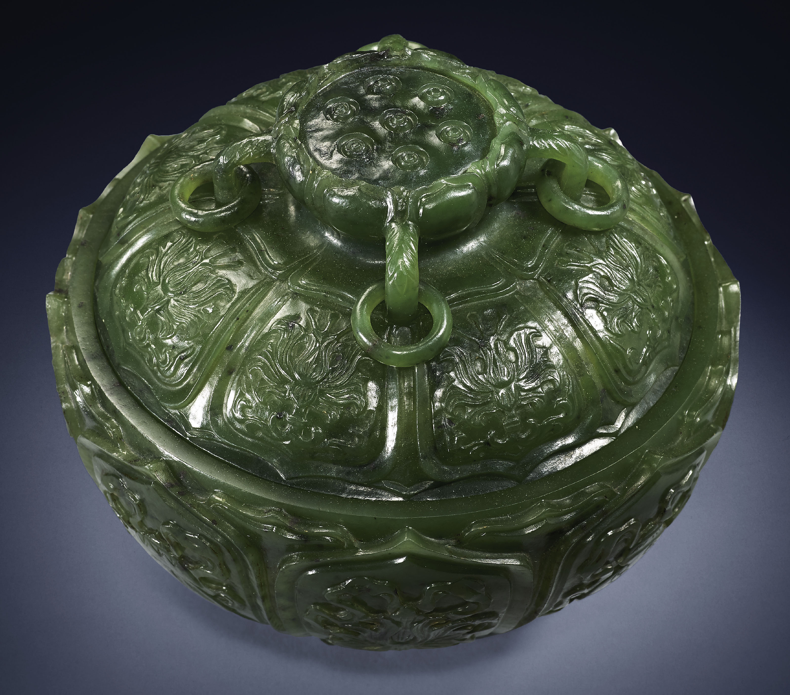 A SPINACH GREEN JADE LOTUS CENSER AND COVER QIANLONG PERIOD 1736 