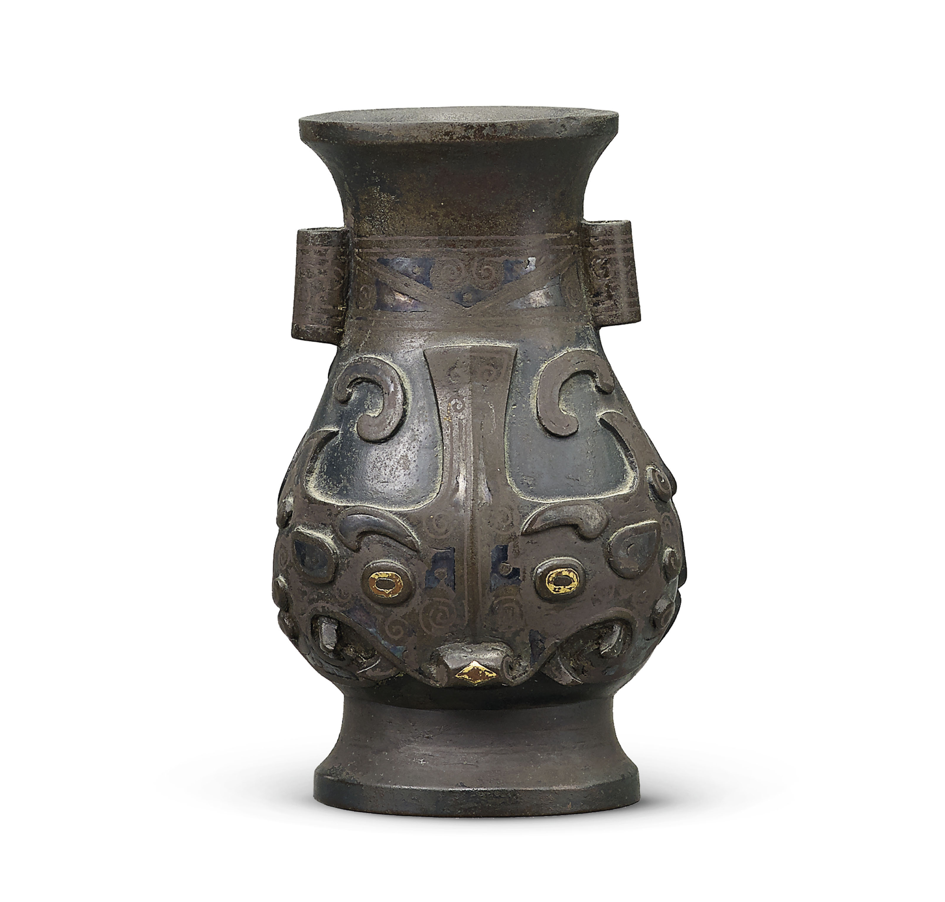 A GOLD AND SILVERINLAID BRONZE ARCHAISTIC VASE, ZHI , MING DYNASTY