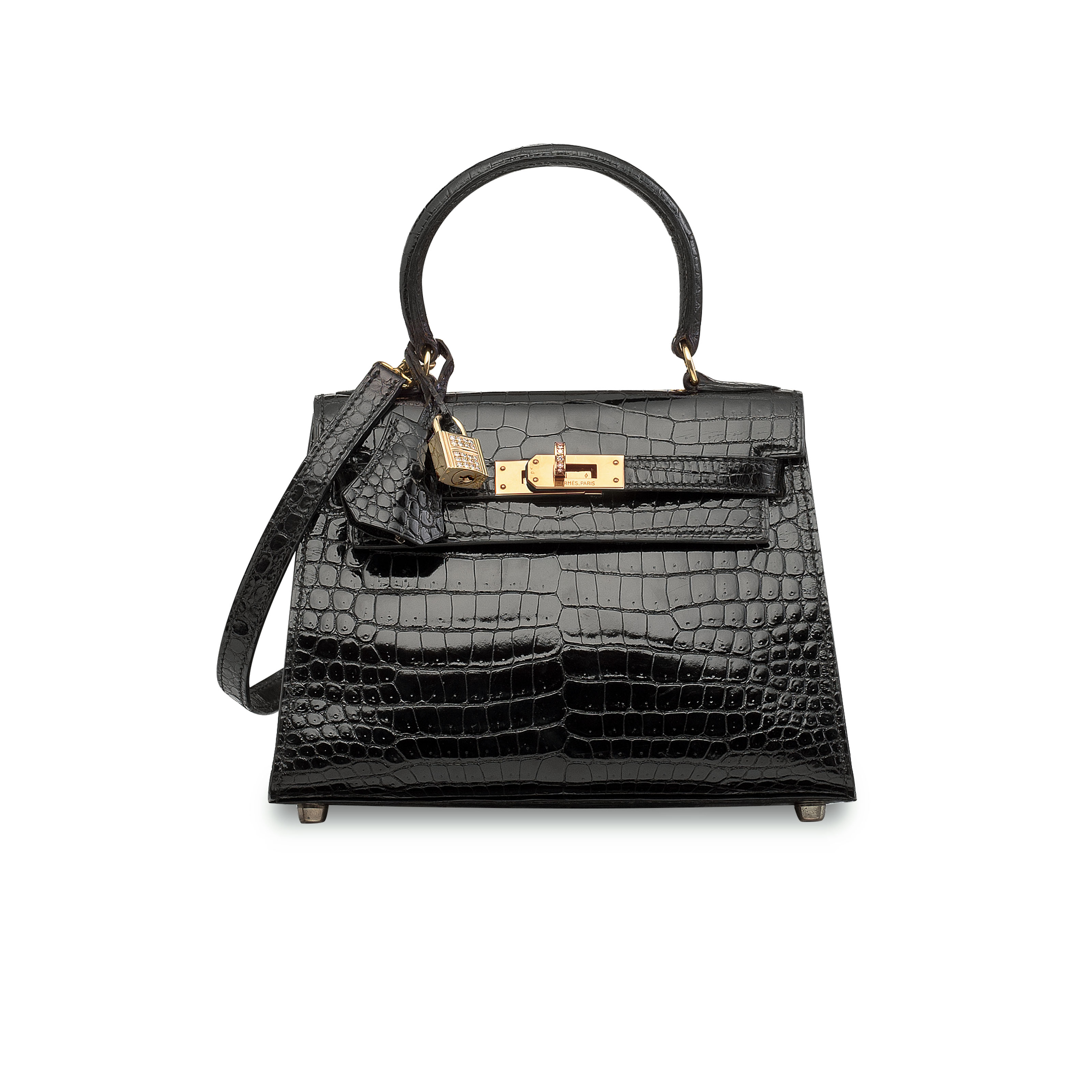 AN EXCEPTIONAL SHINY BLACK POROSUS CROCODILE DIAMOND SELLIER MINI 