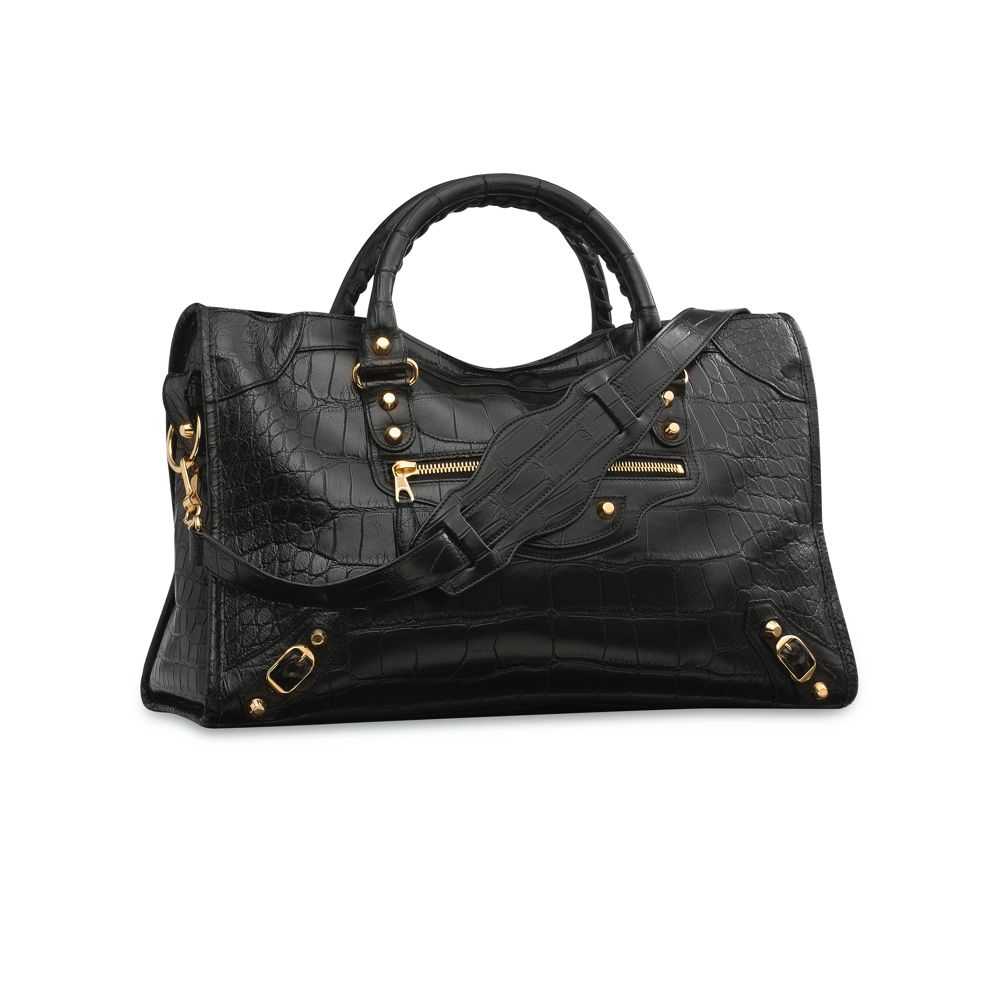 A MATTE BLACK CROCODILE CITY BAG WITH GOLD HARDWARE BALENCIAGA