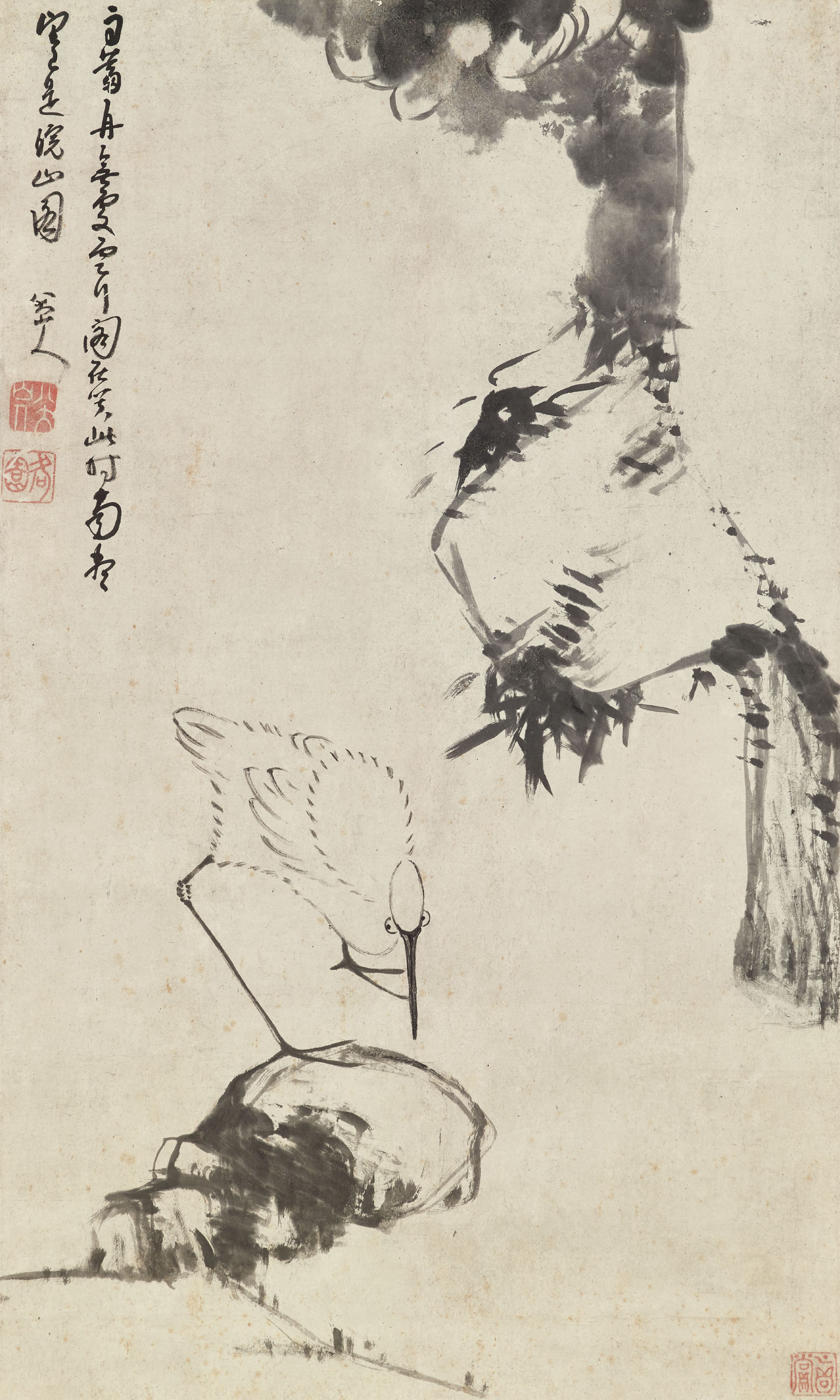 古美術 掛け軸 中国・清時代 八大山人書 「蓮池翠鳥図」 紙本 立軸