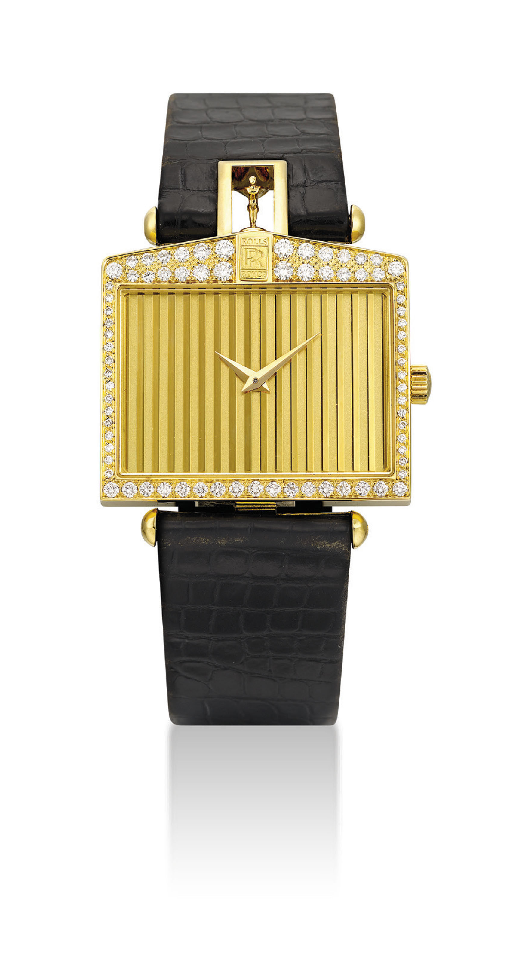 CORUM. AN 18K GOLD AND DIAMOND SET LIMITED EDITION WRISTWATCH IN THE FORM OF A ROLLS ROYCE RADIATOR GRILLE SIGNED CORUM ROLLS ROYCE SPIRIT OF ECSTACY MODEL 1996 NO. 7 60 MOVEMENT NO. 522 202