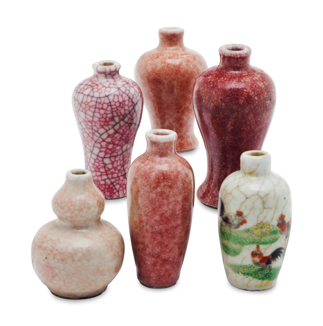 FIVE CHINESE COPPERRED CRACKLEGLAZED MINIATURE VASES,