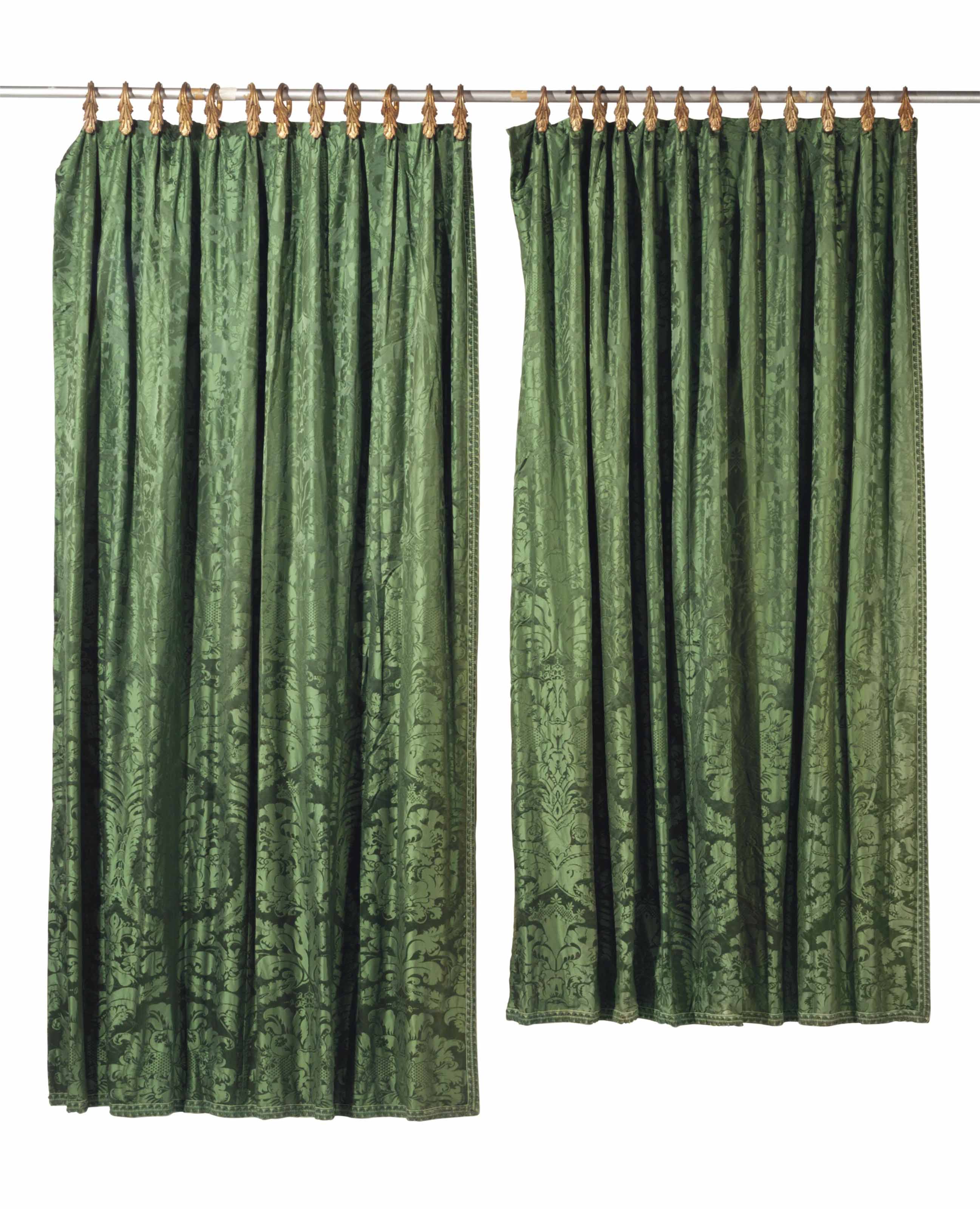 FIVE PAIRS OF GREEN SILK BROCADE CURTAIN PANELS,