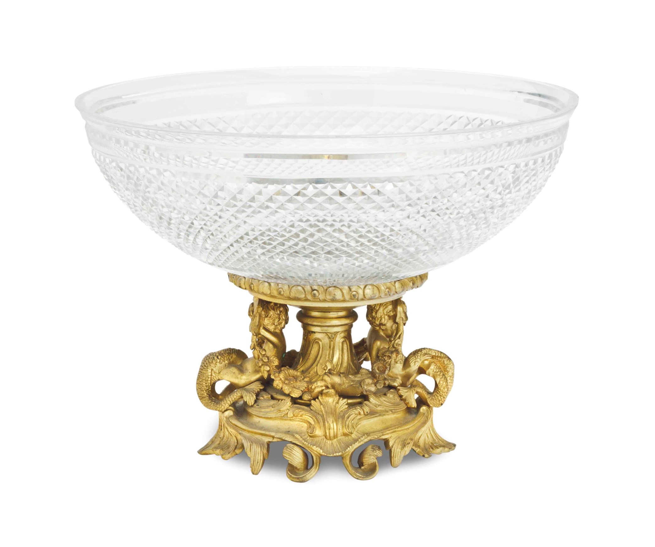 A GILT BRONZE AND CUT GLASS BOWLONSTAND,, LATE 19TH/20TH CENTURY